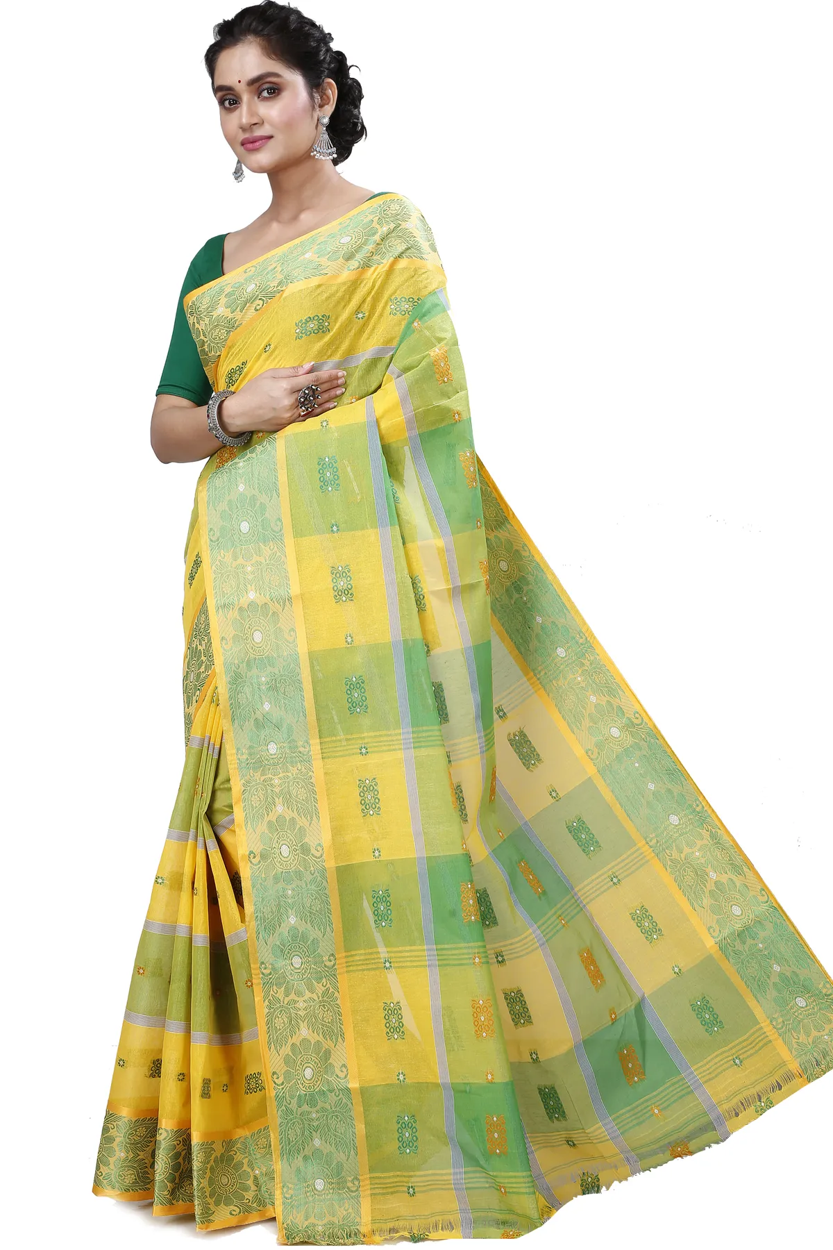 DipDiya Pure Cotton Yellow Green RajSahi Regal Bengali Tant Sarees