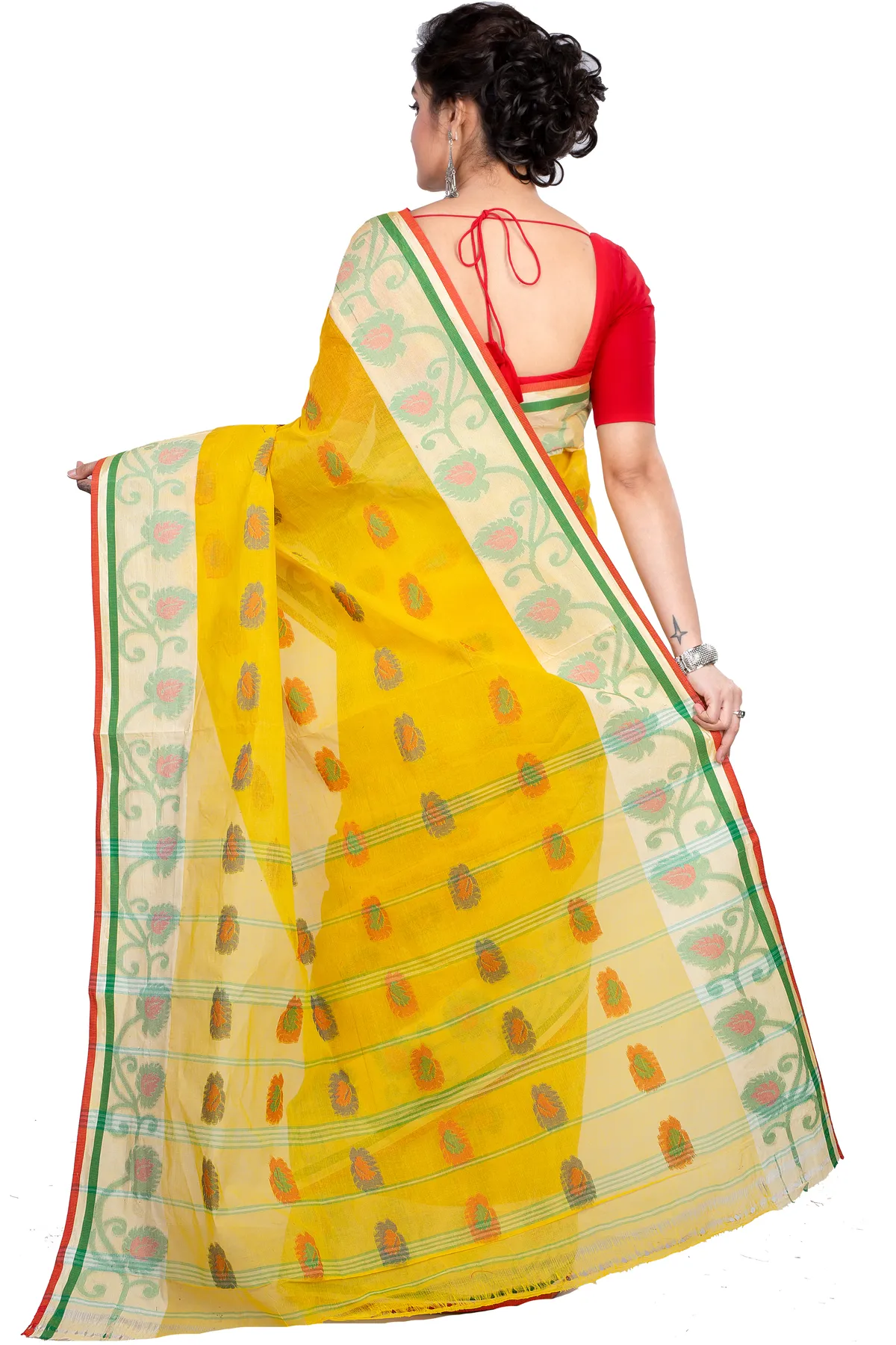 DipDiya Pure Cotton Yellow HapChaka Bengali Heritage Tant Sarees