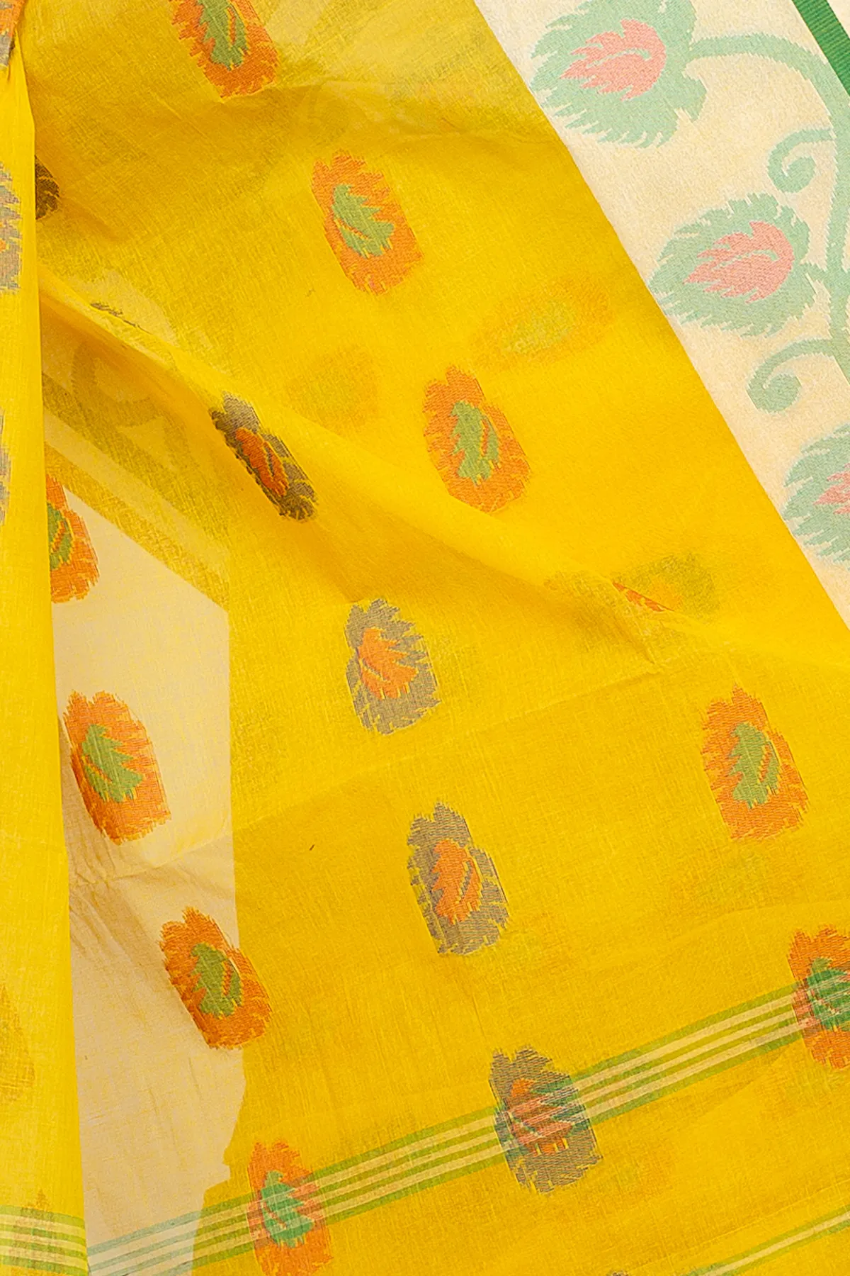 DipDiya Pure Cotton Yellow HapChaka Bengali Heritage Tant Sarees