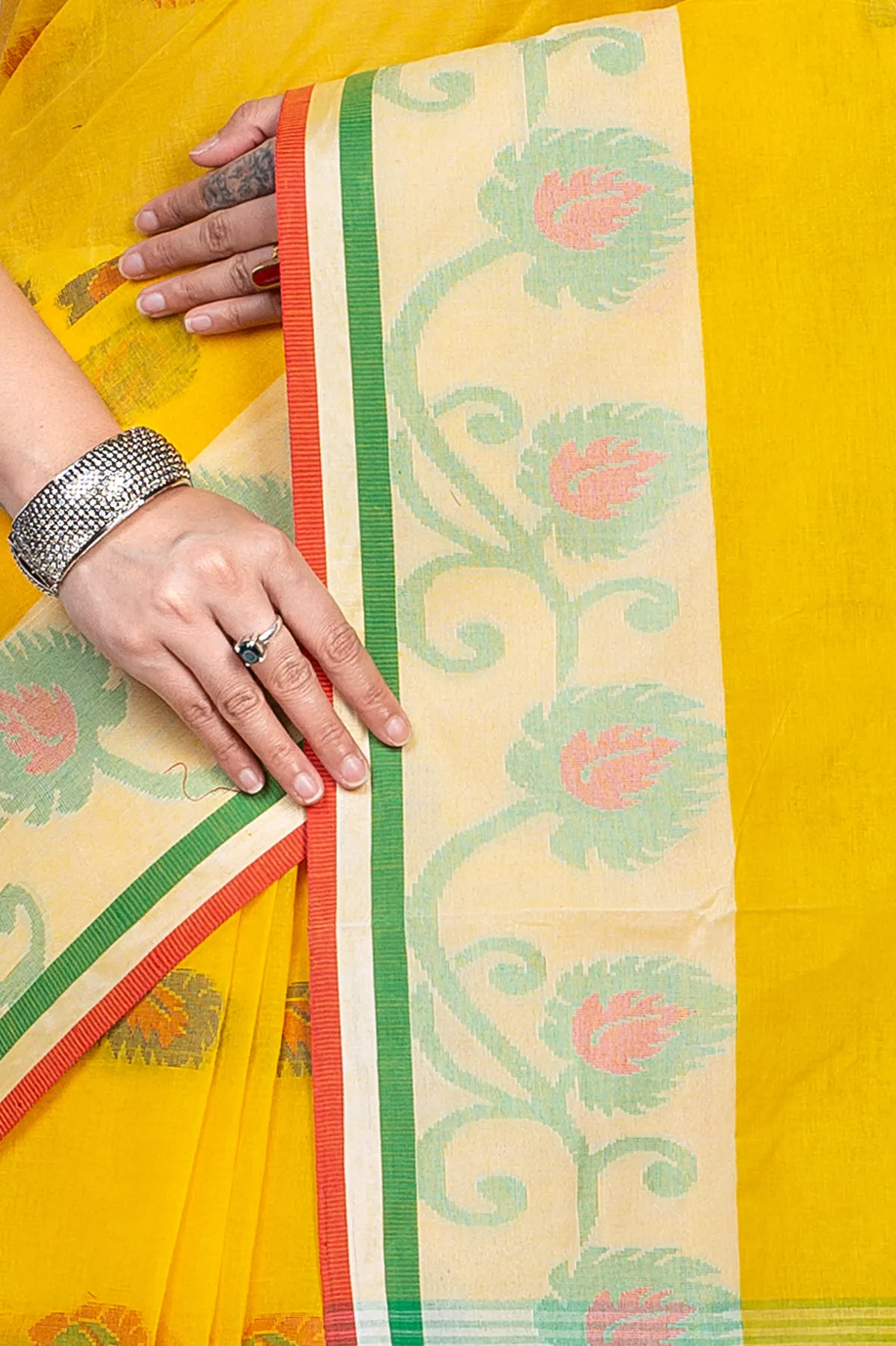 DipDiya Pure Cotton Yellow HapChaka Bengali Heritage Tant Sarees