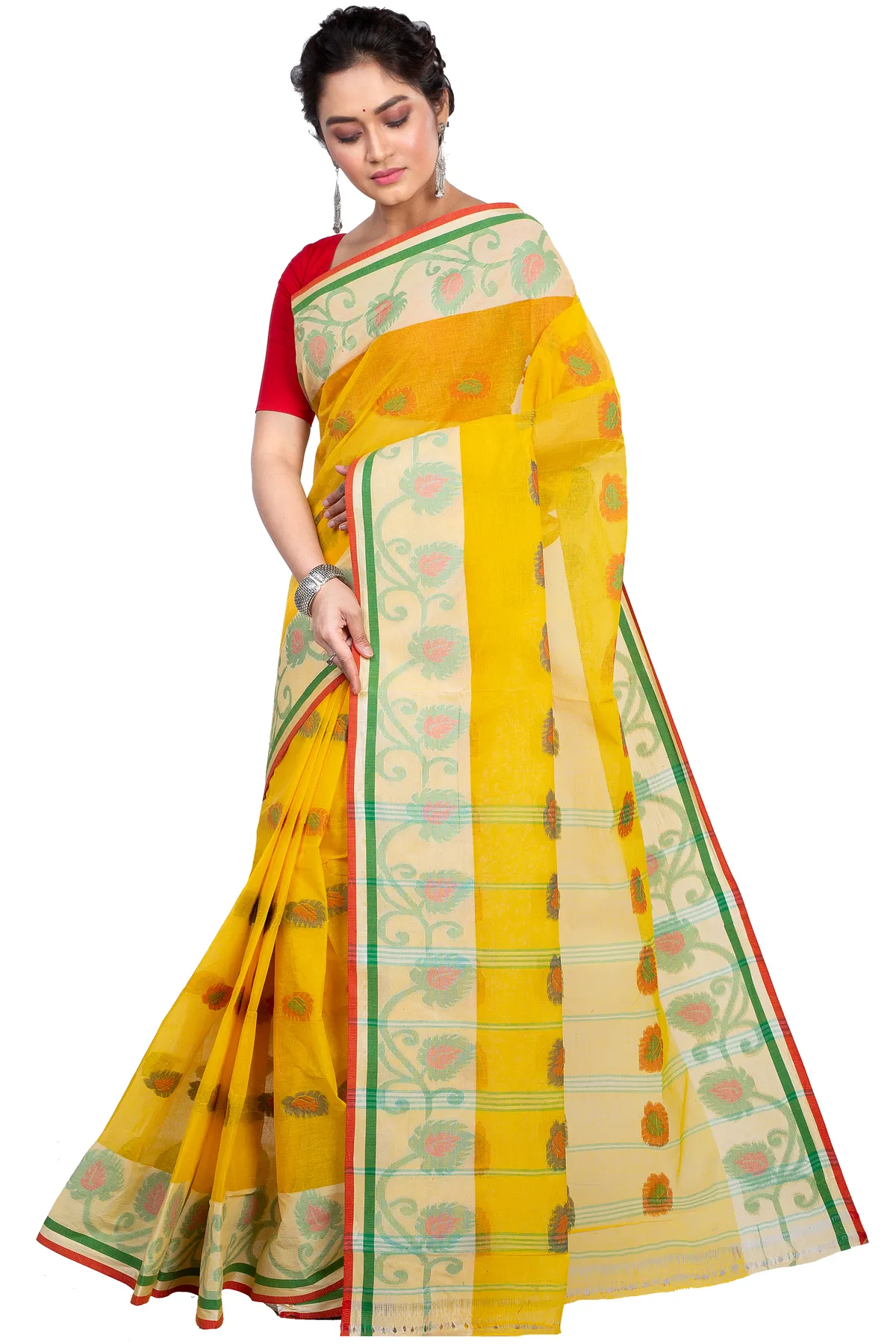 DipDiya Pure Cotton Yellow HapChaka Bengali Heritage Tant Sarees