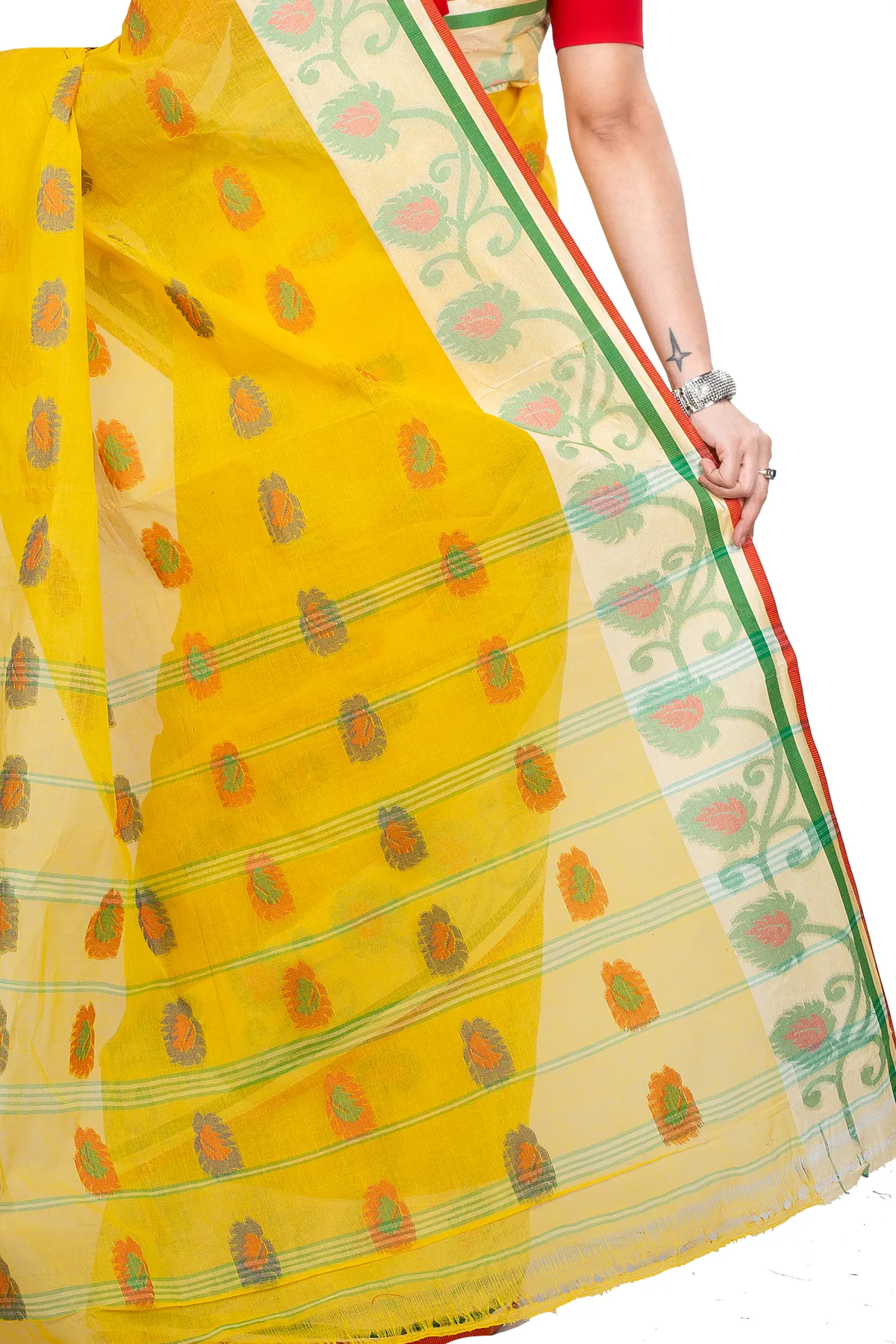 DipDiya Pure Cotton Yellow HapChaka Bengali Heritage Tant Sarees