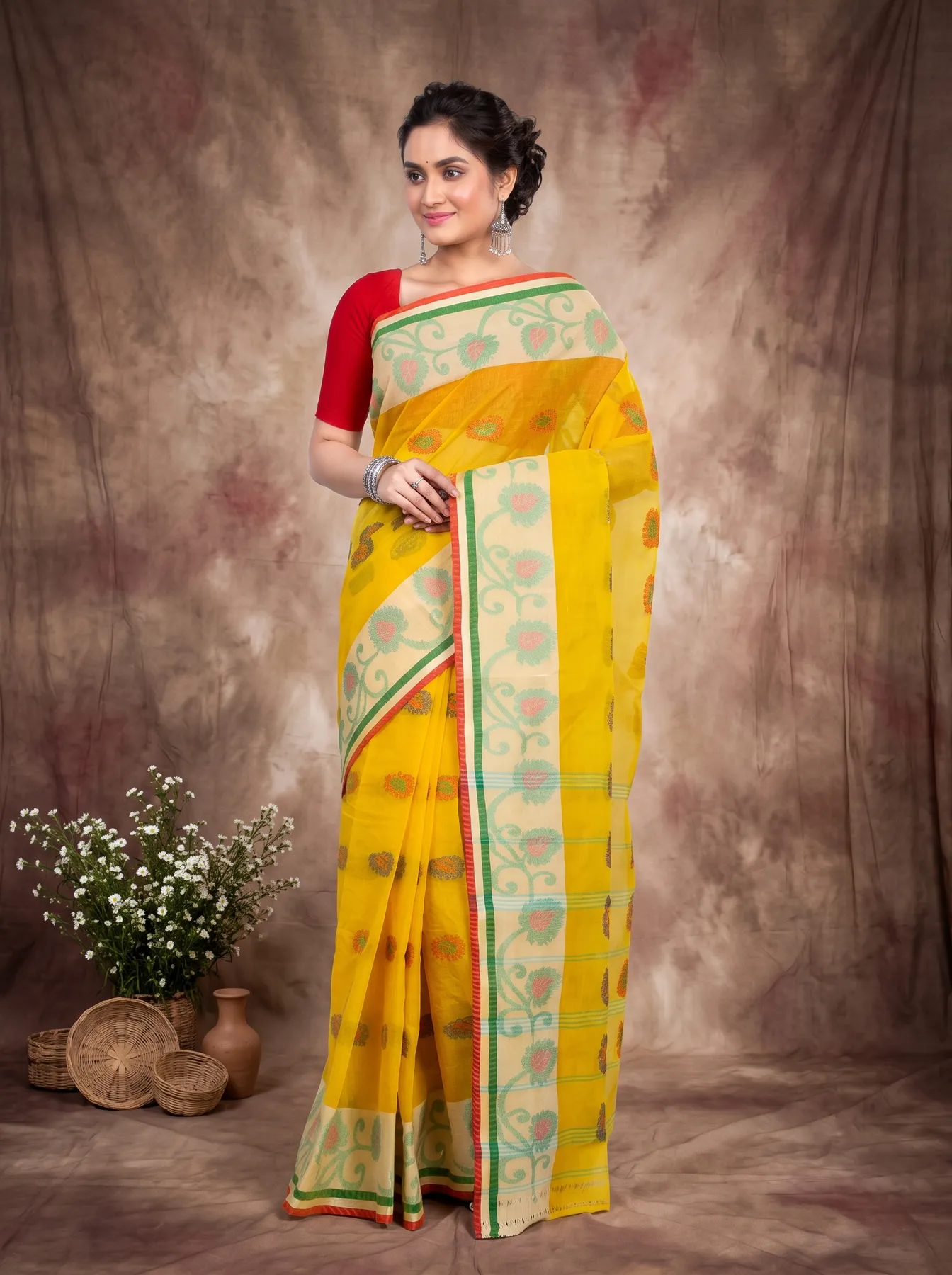 DipDiya Pure Cotton Yellow HapChaka Bengali Heritage Tant Sarees