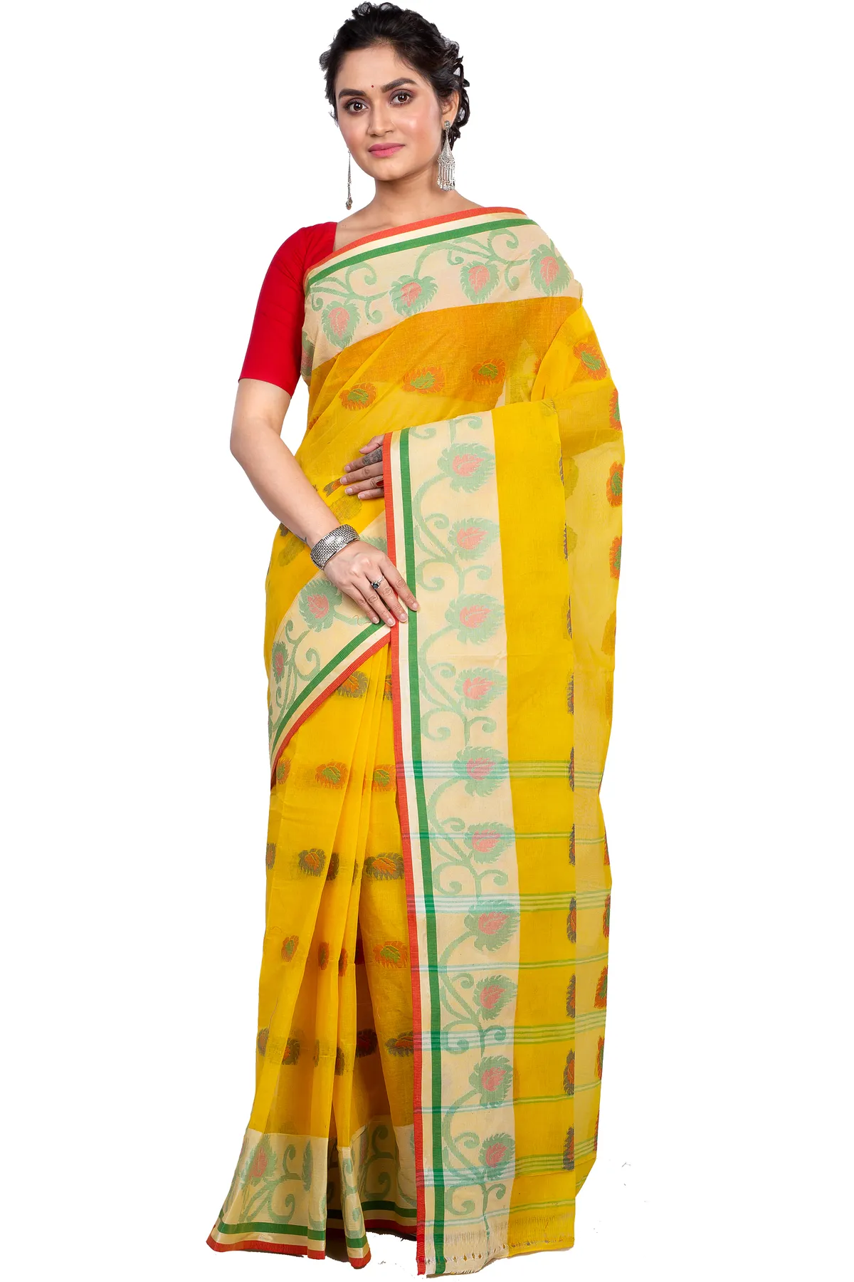 DipDiya Pure Cotton Yellow HapChaka Bengali Heritage Tant Sarees