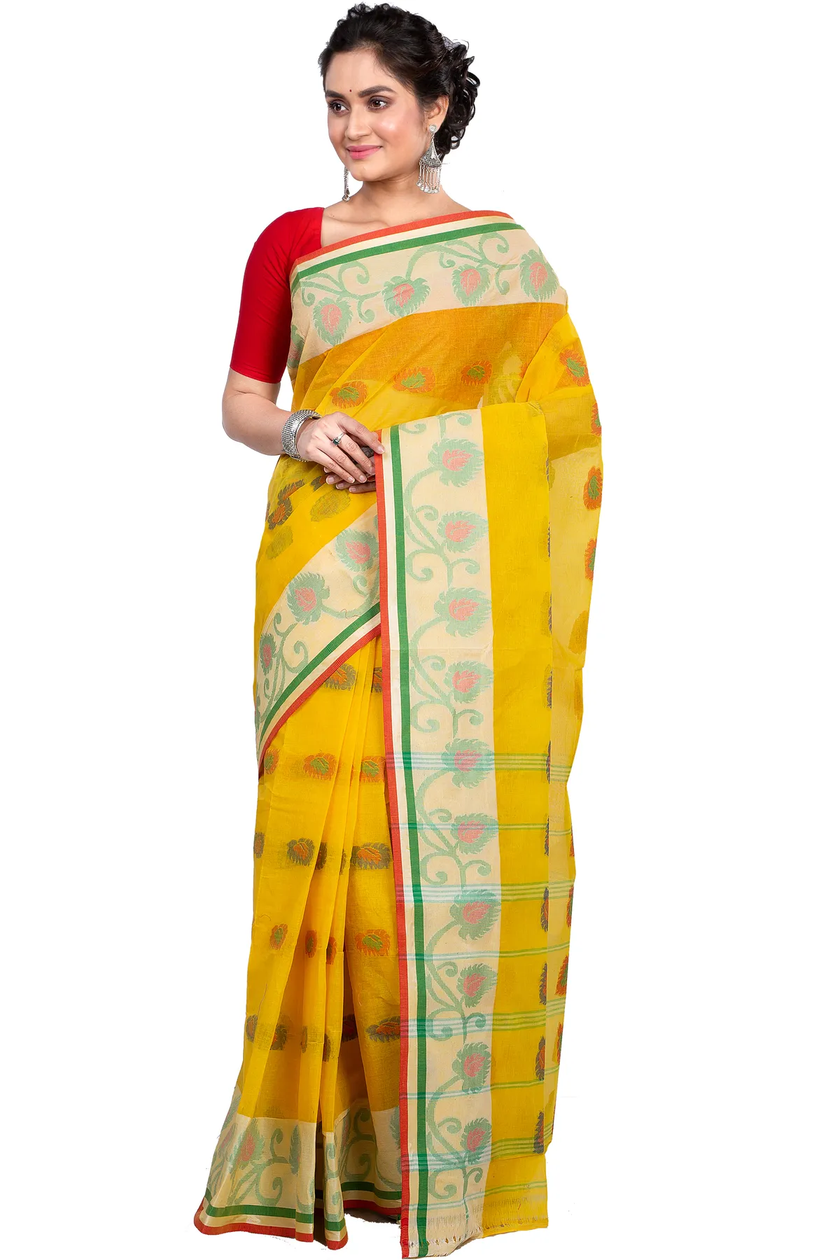 DipDiya Pure Cotton Yellow HapChaka Bengali Heritage Tant Sarees
