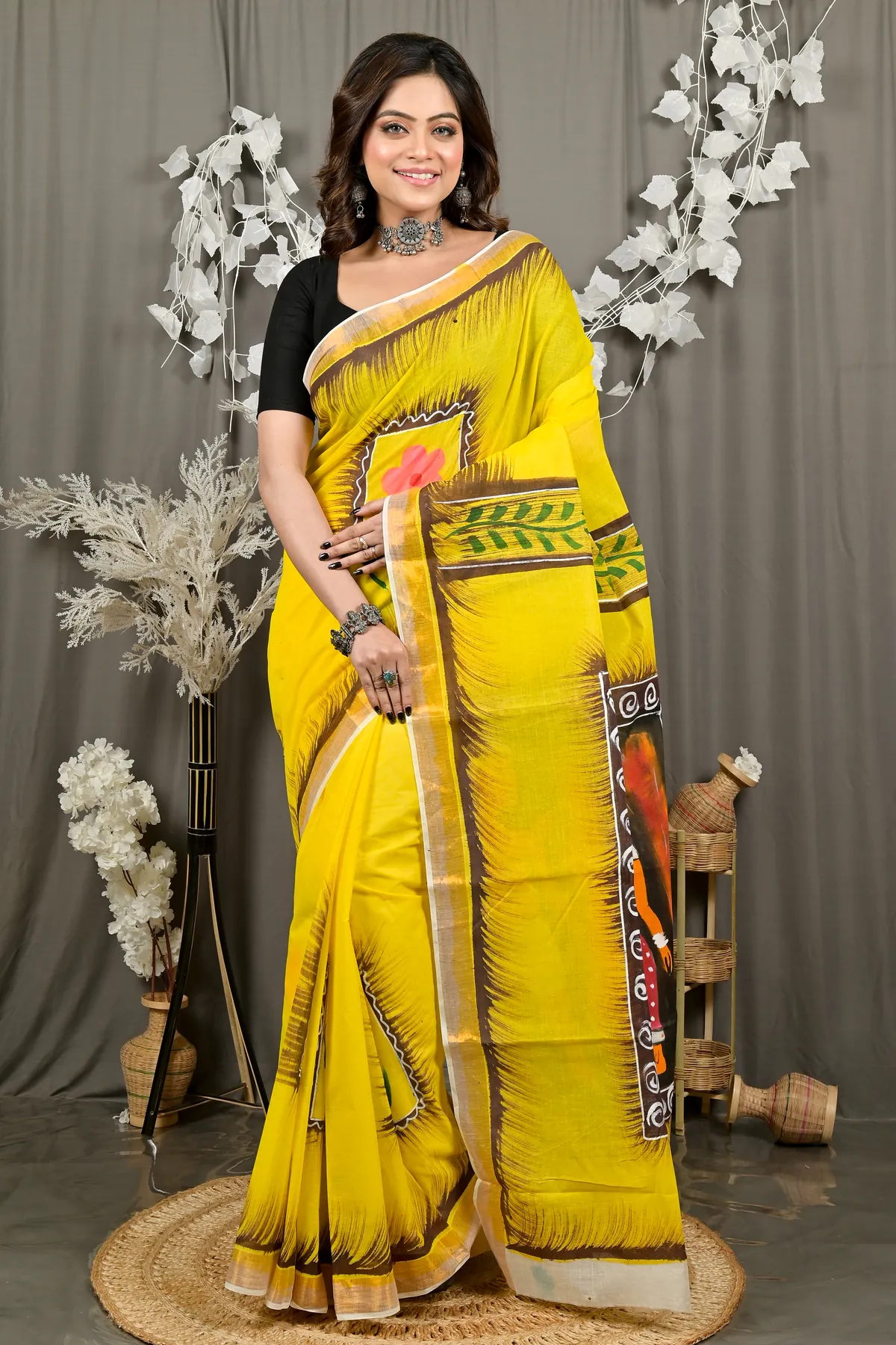 DipDiya Pure Cotton Yellow Hataka The Bengali Classics Hand Painted Sarees