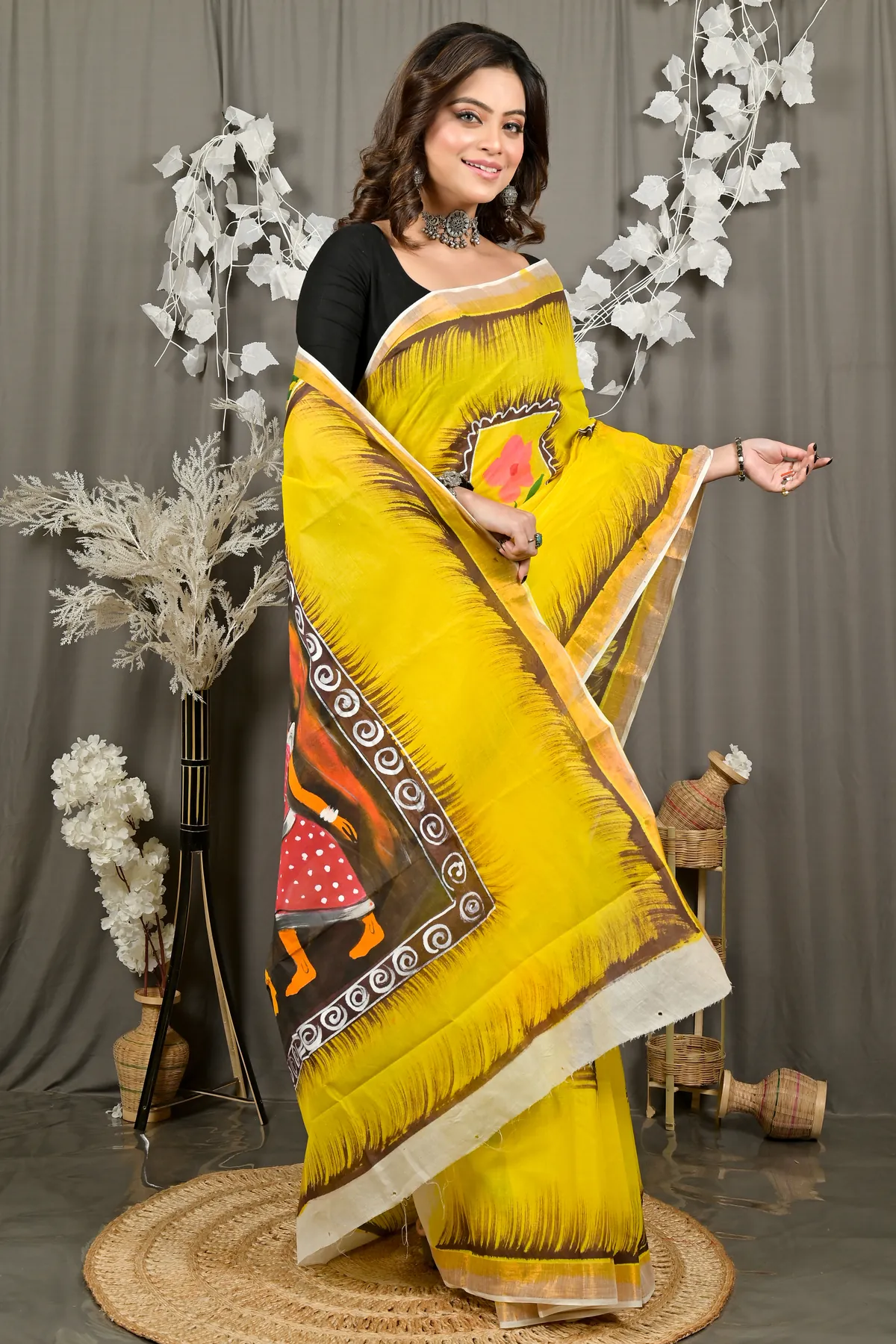 DipDiya Pure Cotton Yellow Hataka The Bengali Classics Hand Painted Sarees