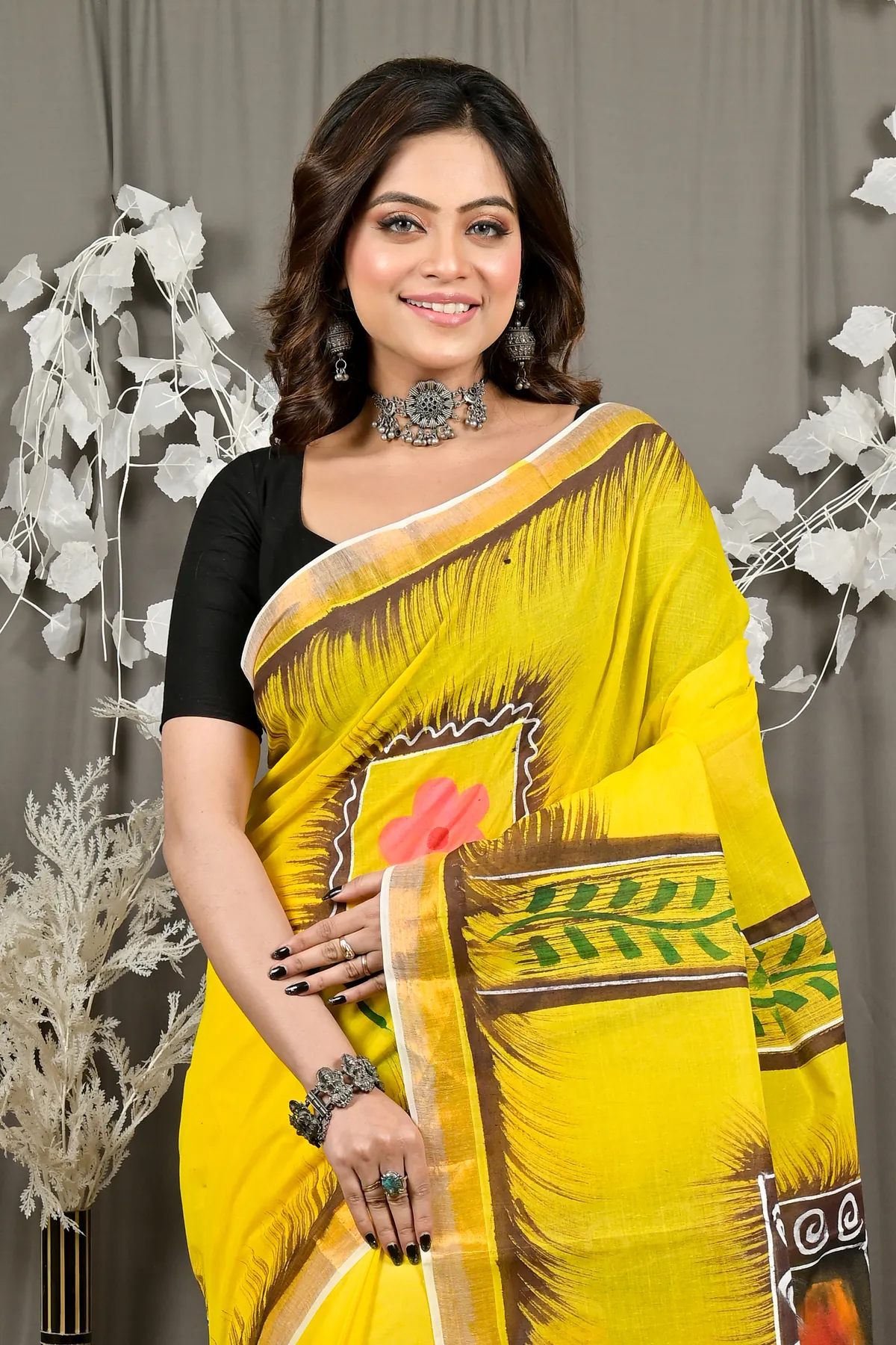 DipDiya Pure Cotton Yellow Hataka The Bengali Classics Hand Painted Sarees