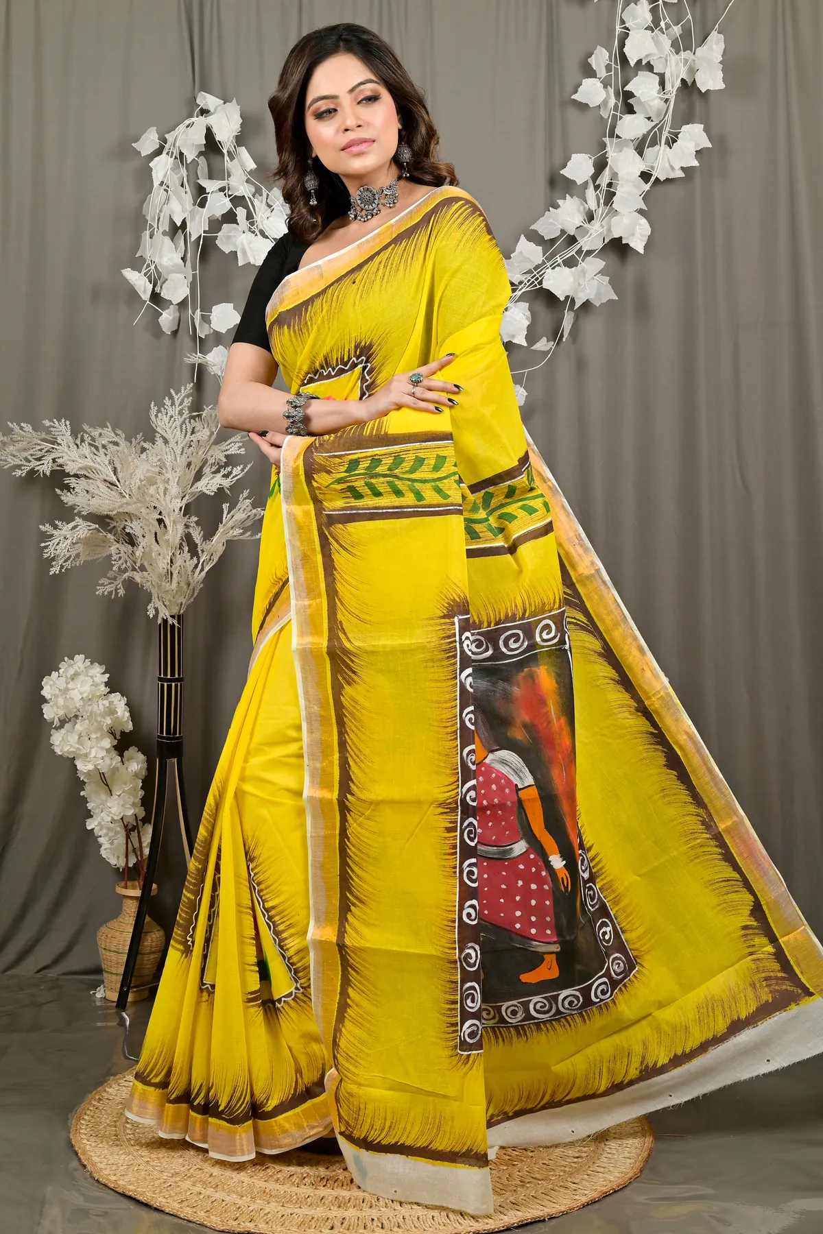 DipDiya Pure Cotton Yellow Hataka The Bengali Classics Hand Painted Sarees
