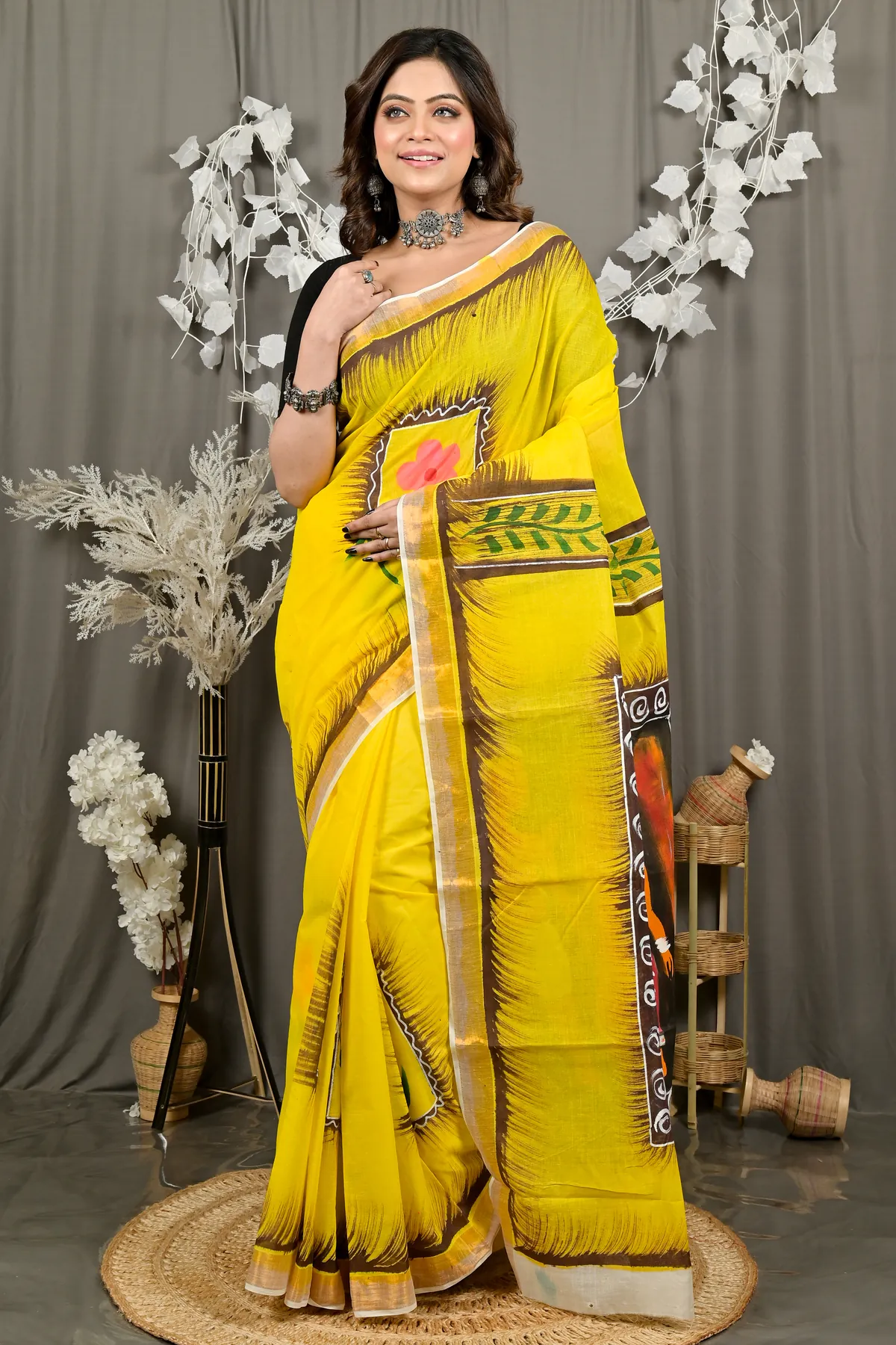 DipDiya Pure Cotton Yellow Hataka The Bengali Classics Hand Painted Sarees