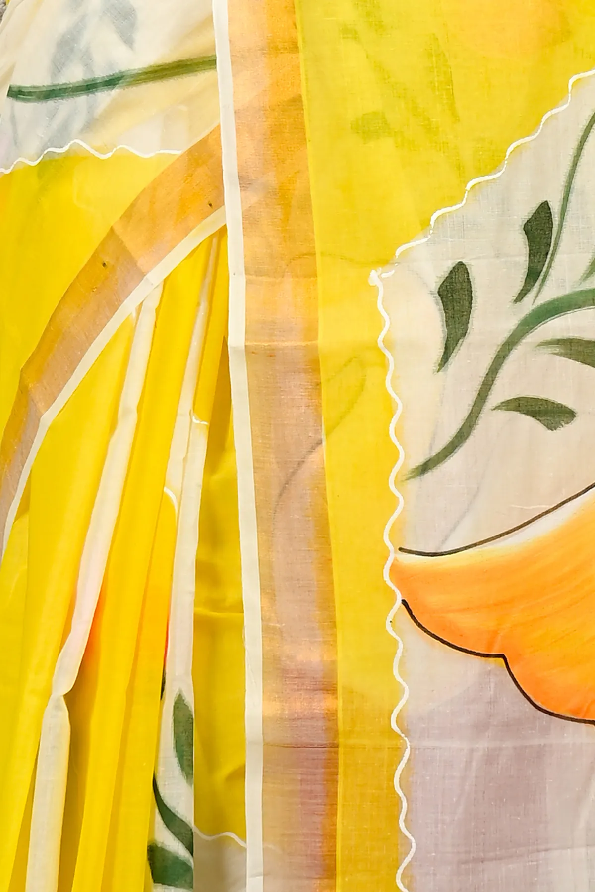 DipDiya Pure Cotton Yellow Hataka Timeless Bengals Hand Painted Sarees