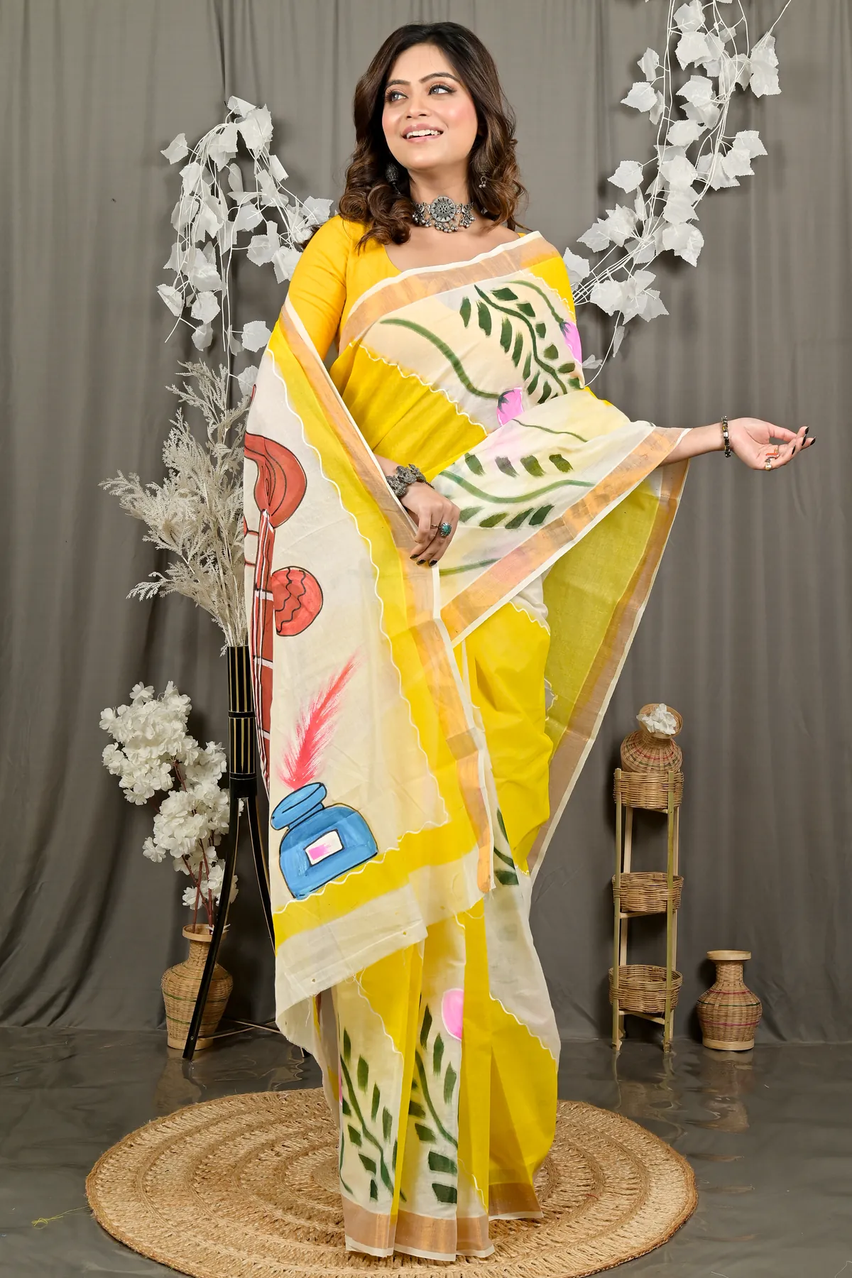 DipDiya Pure Cotton Yellow Hataka Timeless Bengals Hand Painted Sarees