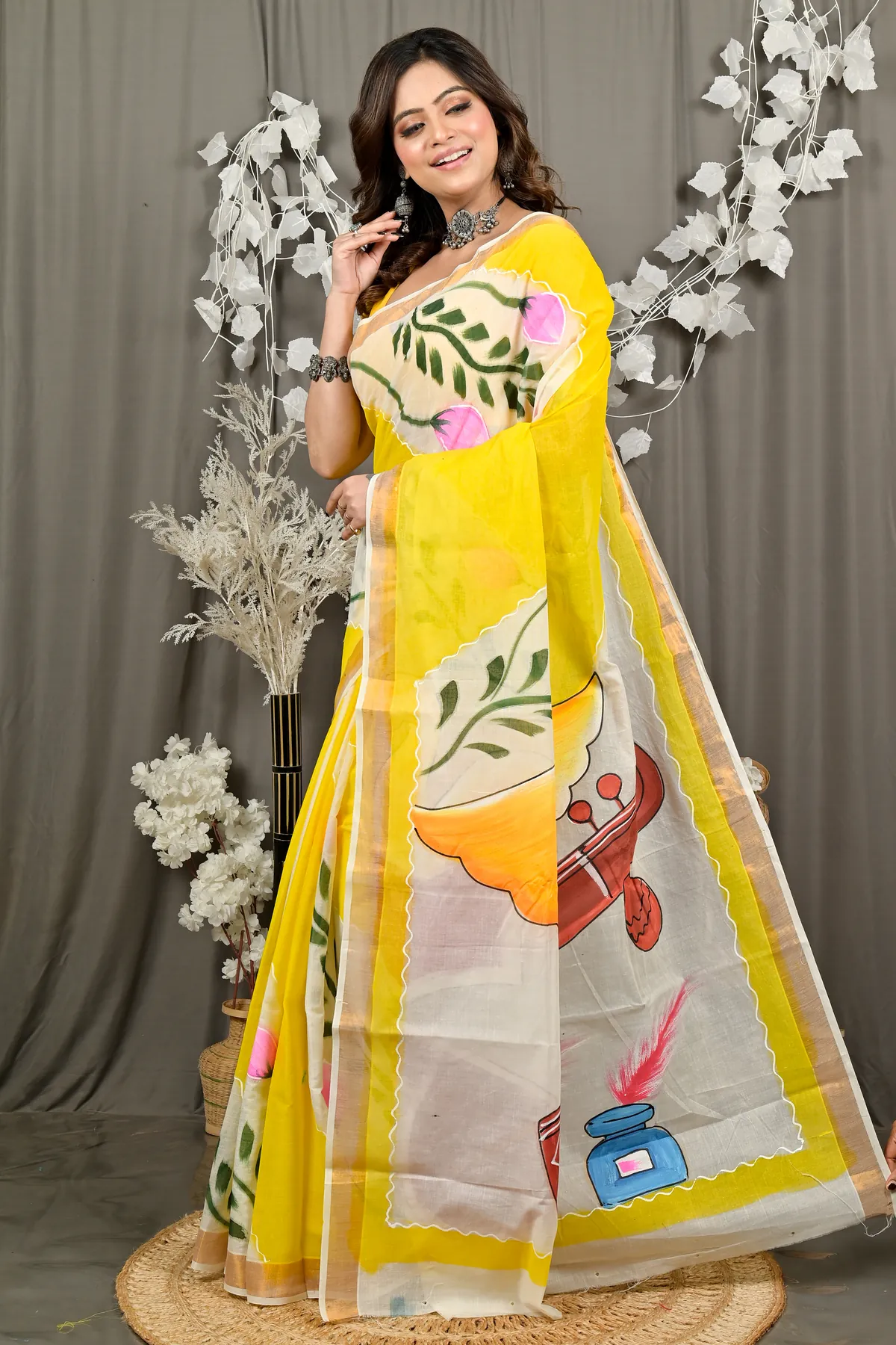 DipDiya Pure Cotton Yellow Hataka Timeless Bengals Hand Painted Sarees