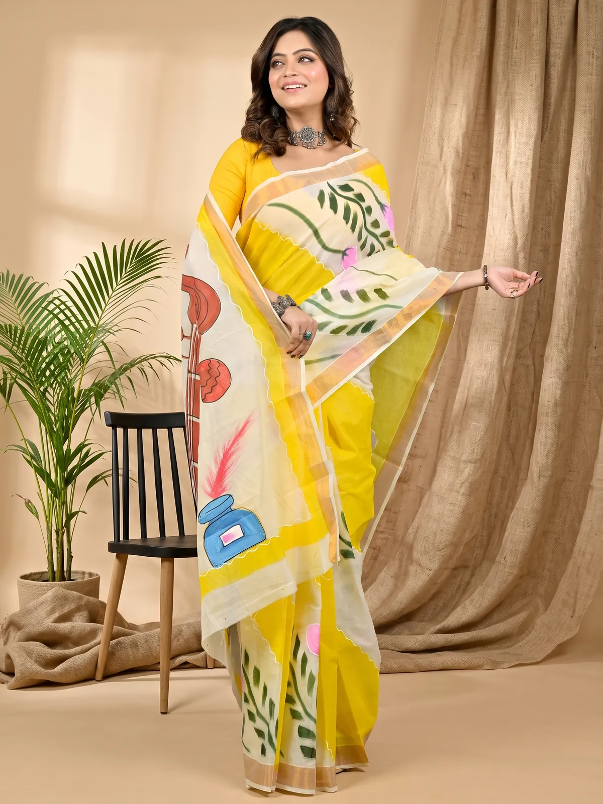 DipDiya Pure Cotton Yellow Hataka Timeless Bengals Hand Painted Sarees