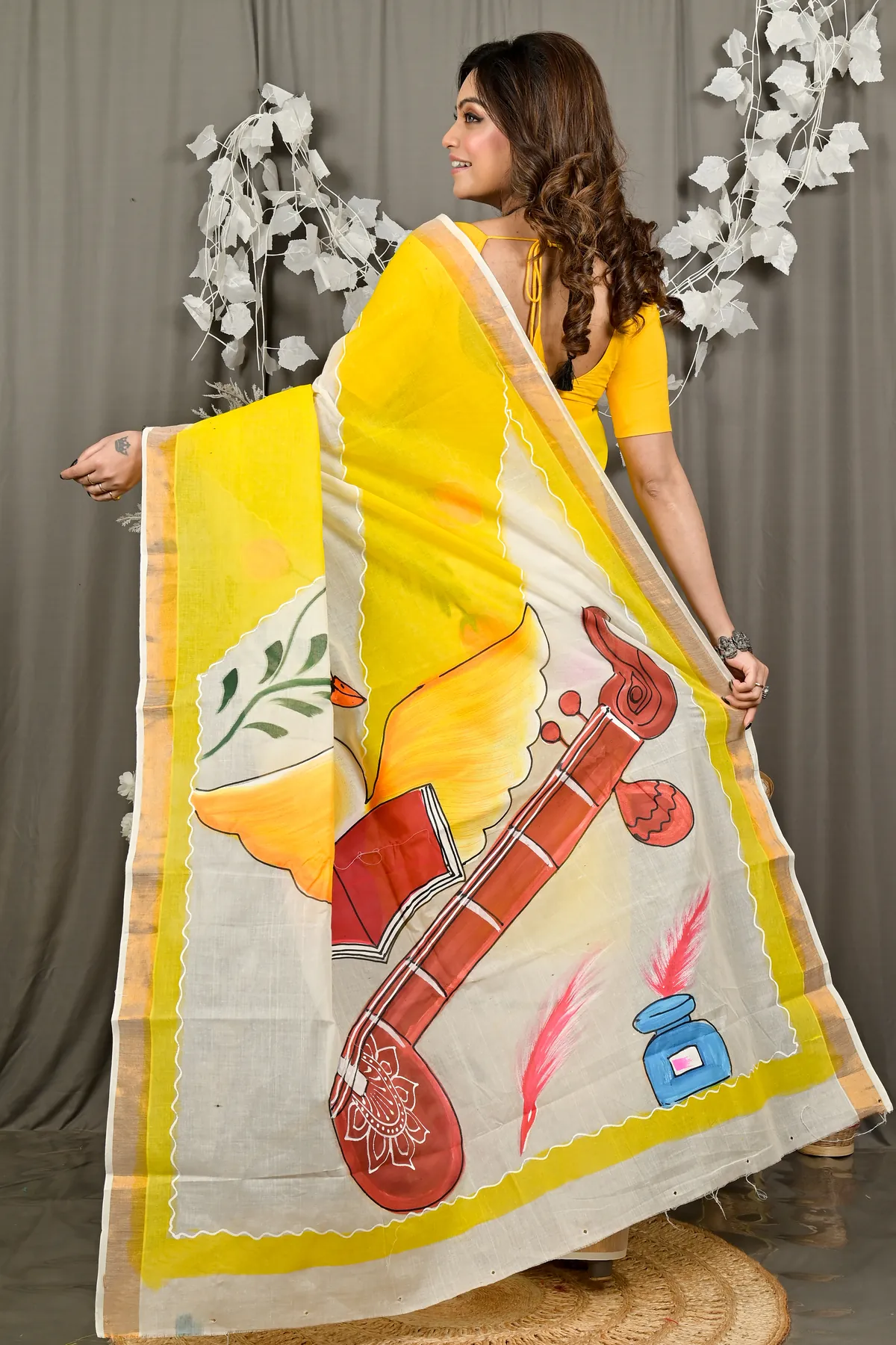 DipDiya Pure Cotton Yellow Hataka Timeless Bengals Hand Painted Sarees