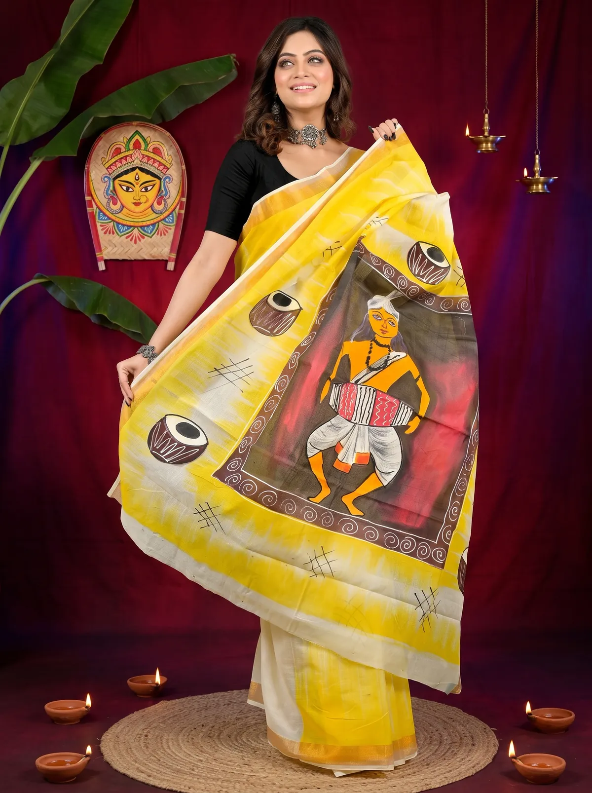 DipDiya Pure Cotton Yellow Hataka Traditional Elegances Hand Painted Sarees