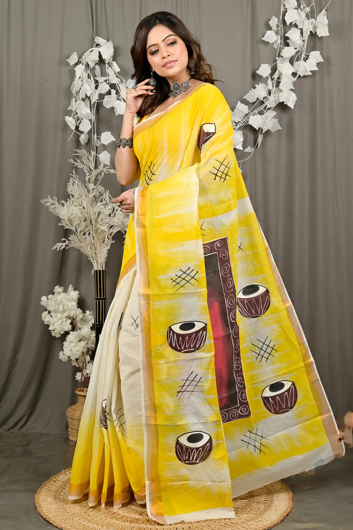 DipDiya Pure Cotton Yellow Hataka Traditional Elegances Hand Painted Sarees