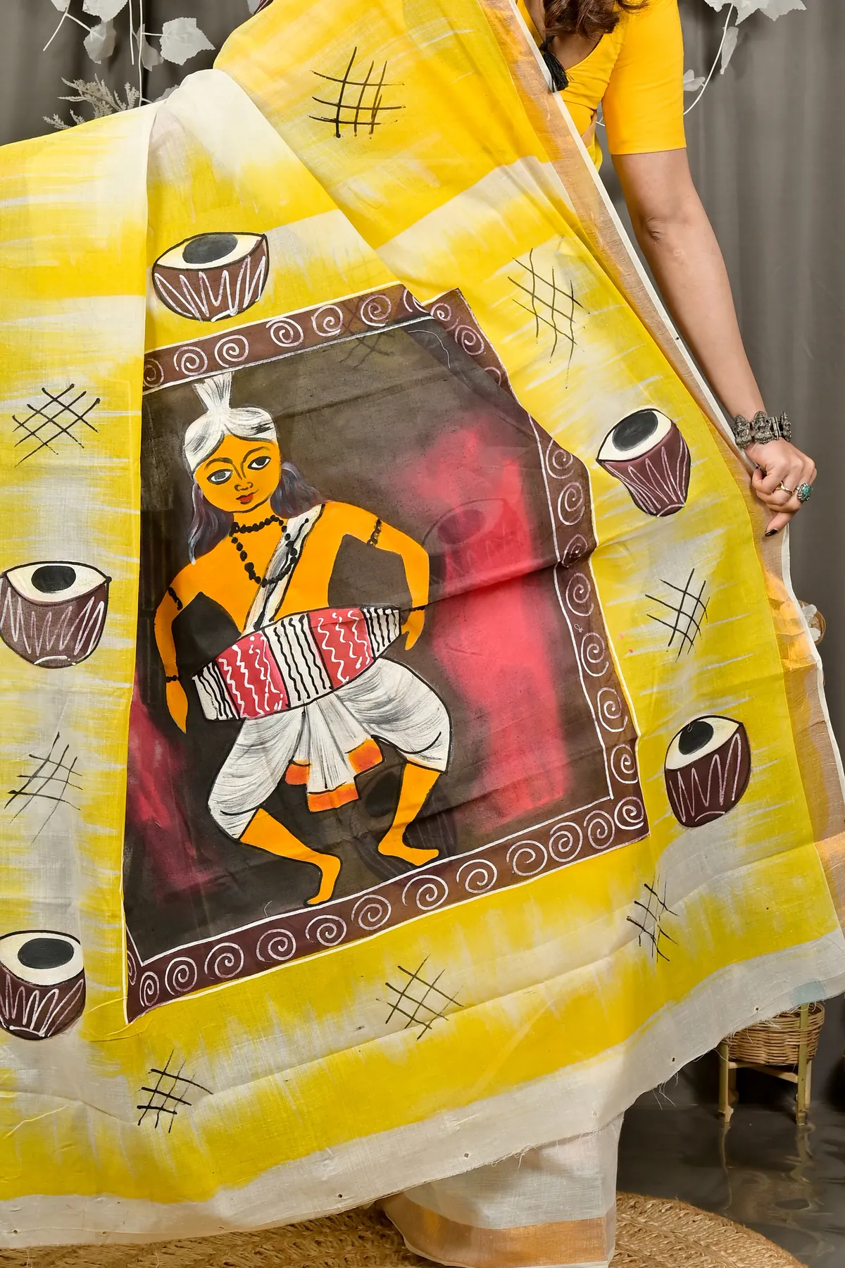 DipDiya Pure Cotton Yellow Hataka Traditional Elegances Hand Painted Sarees