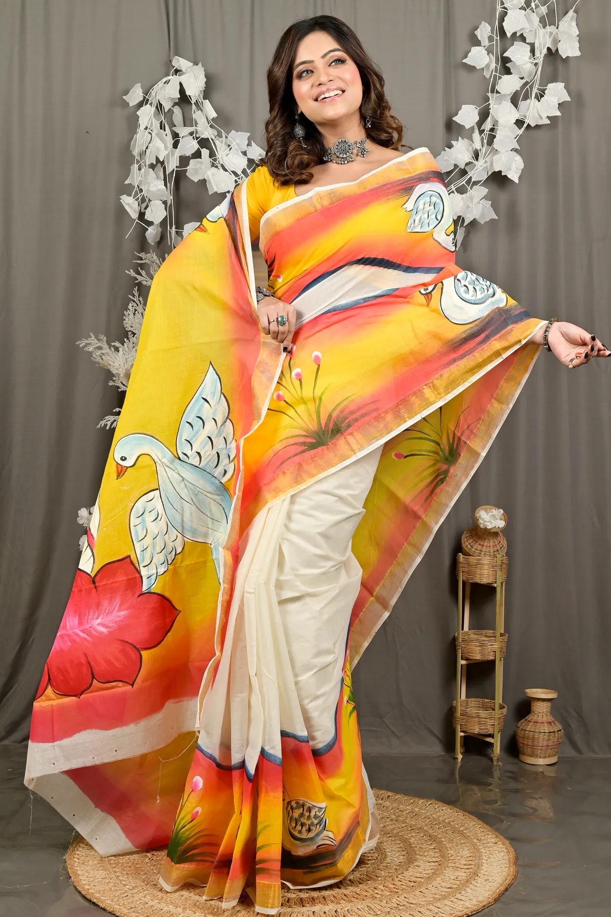 DipDiya Pure Cotton Yellow Hataka Woven by Hands Hand Painted Sarees