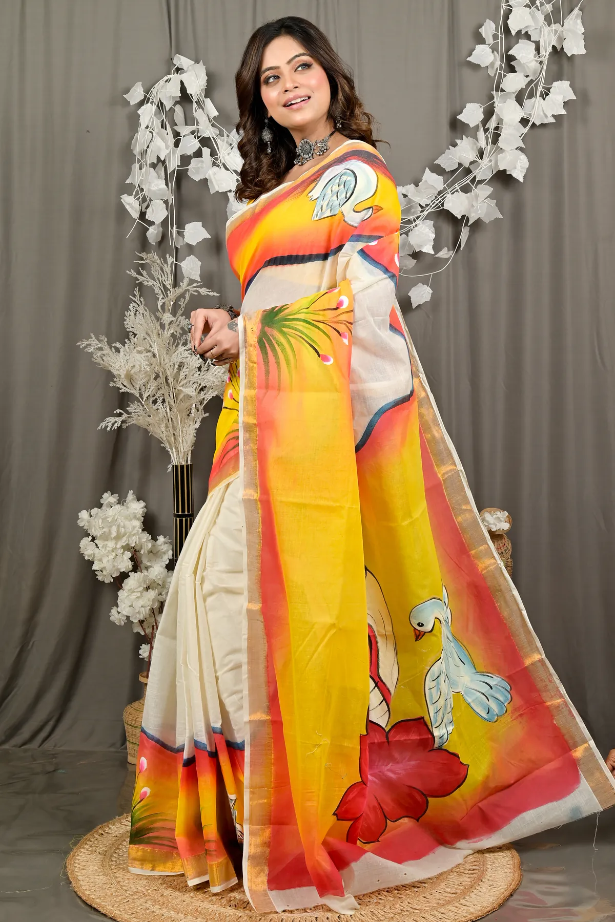 DipDiya Pure Cotton Yellow Hataka Woven by Hands Hand Painted Sarees