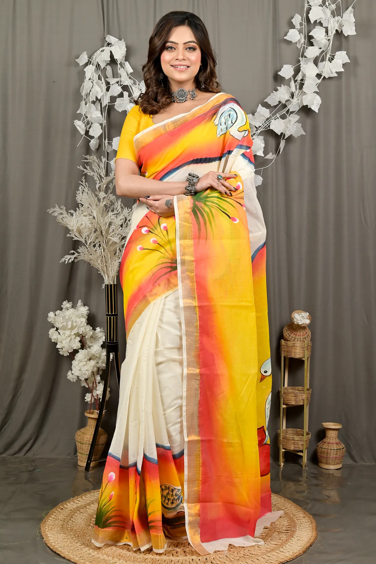 DipDiya Pure Cotton Yellow Hataka Woven by Hands Hand Painted Sarees