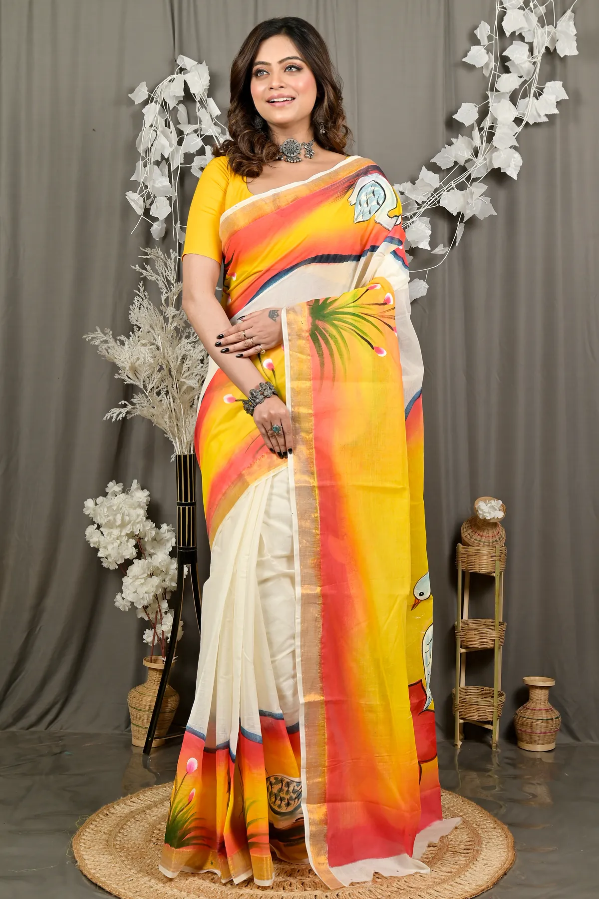 DipDiya Pure Cotton Yellow Hataka Woven by Hands Hand Painted Sarees