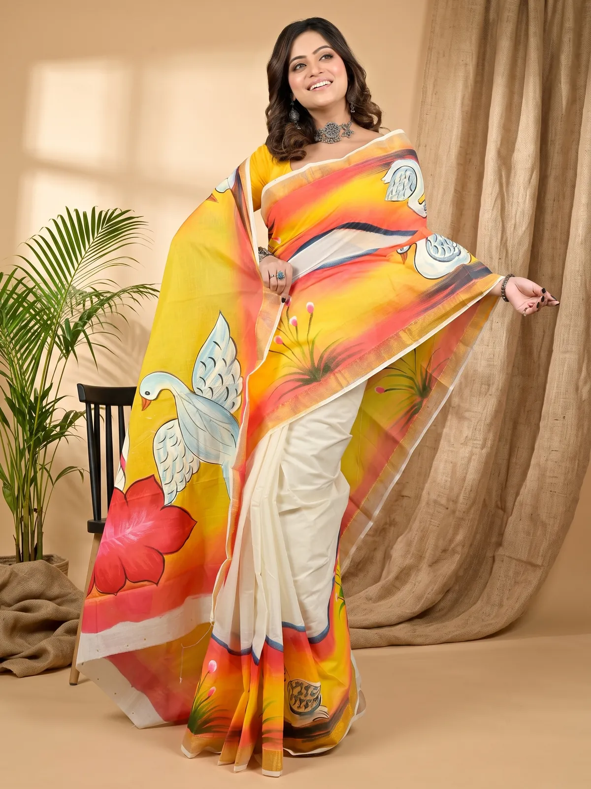 DipDiya Pure Cotton Yellow Hataka Woven by Hands Hand Painted Sarees