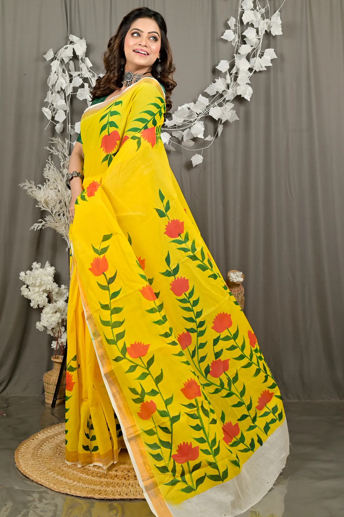 DipDiya Pure Cotton Yellow Hataka Woven with Love Hand Painted Sarees