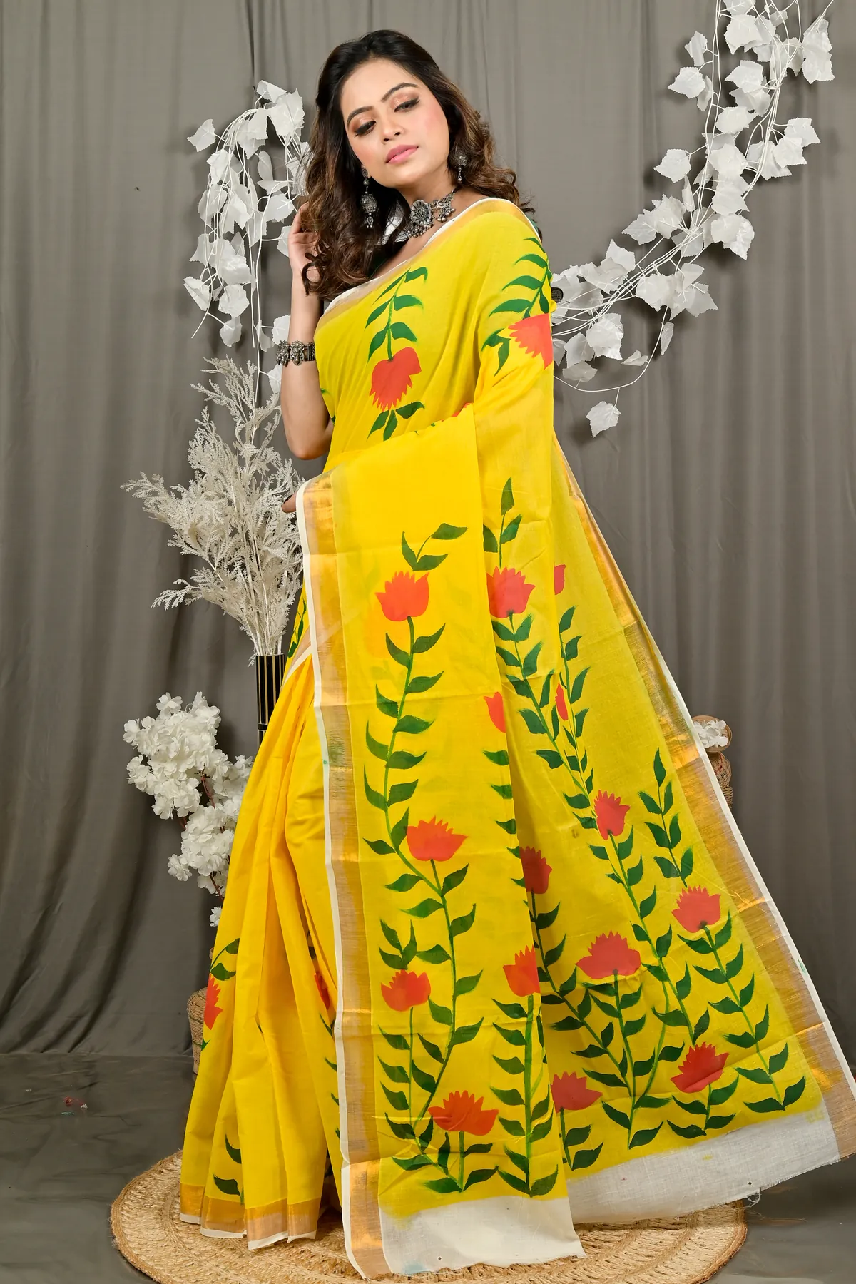 DipDiya Pure Cotton Yellow Hataka Woven with Love Hand Painted Sarees