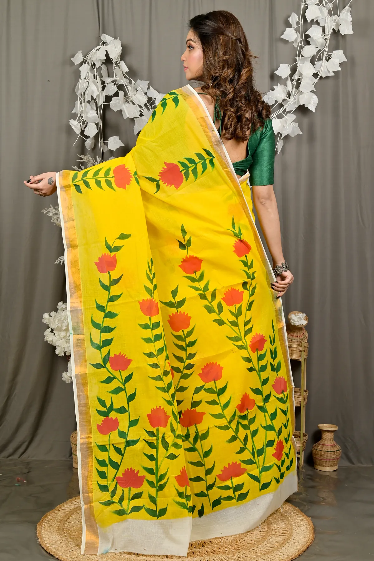 DipDiya Pure Cotton Yellow Hataka Woven with Love Hand Painted Sarees
