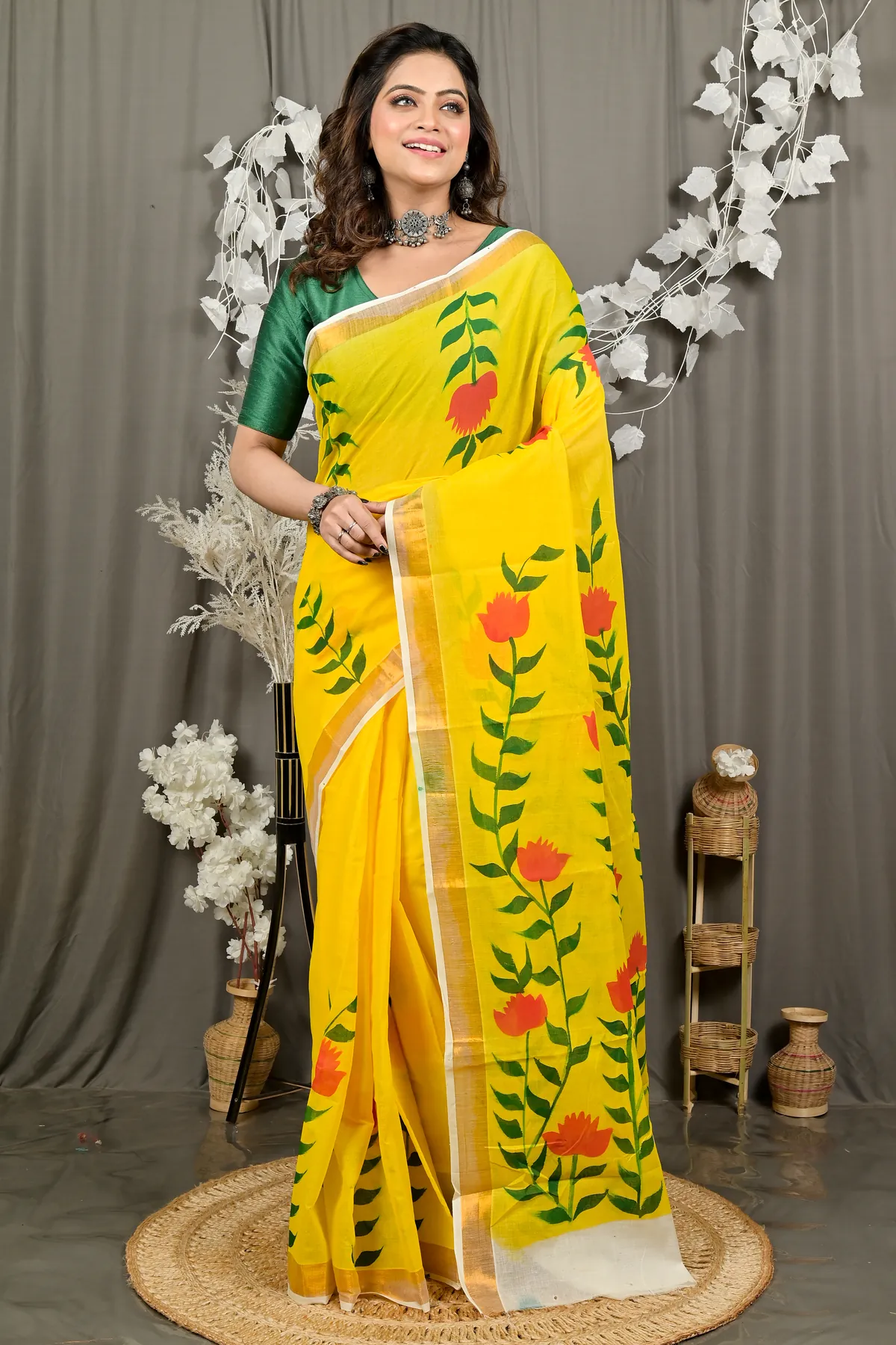 DipDiya Pure Cotton Yellow Hataka Woven with Love Hand Painted Sarees