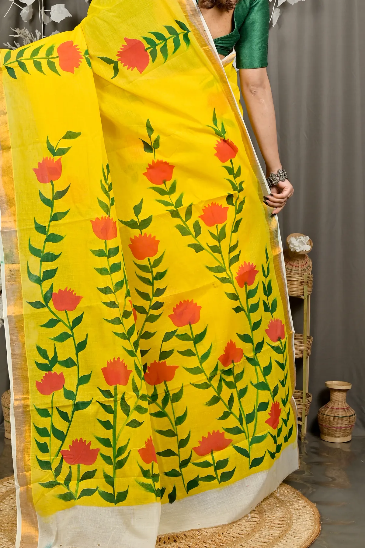 DipDiya Pure Cotton Yellow Hataka Woven with Love Hand Painted Sarees