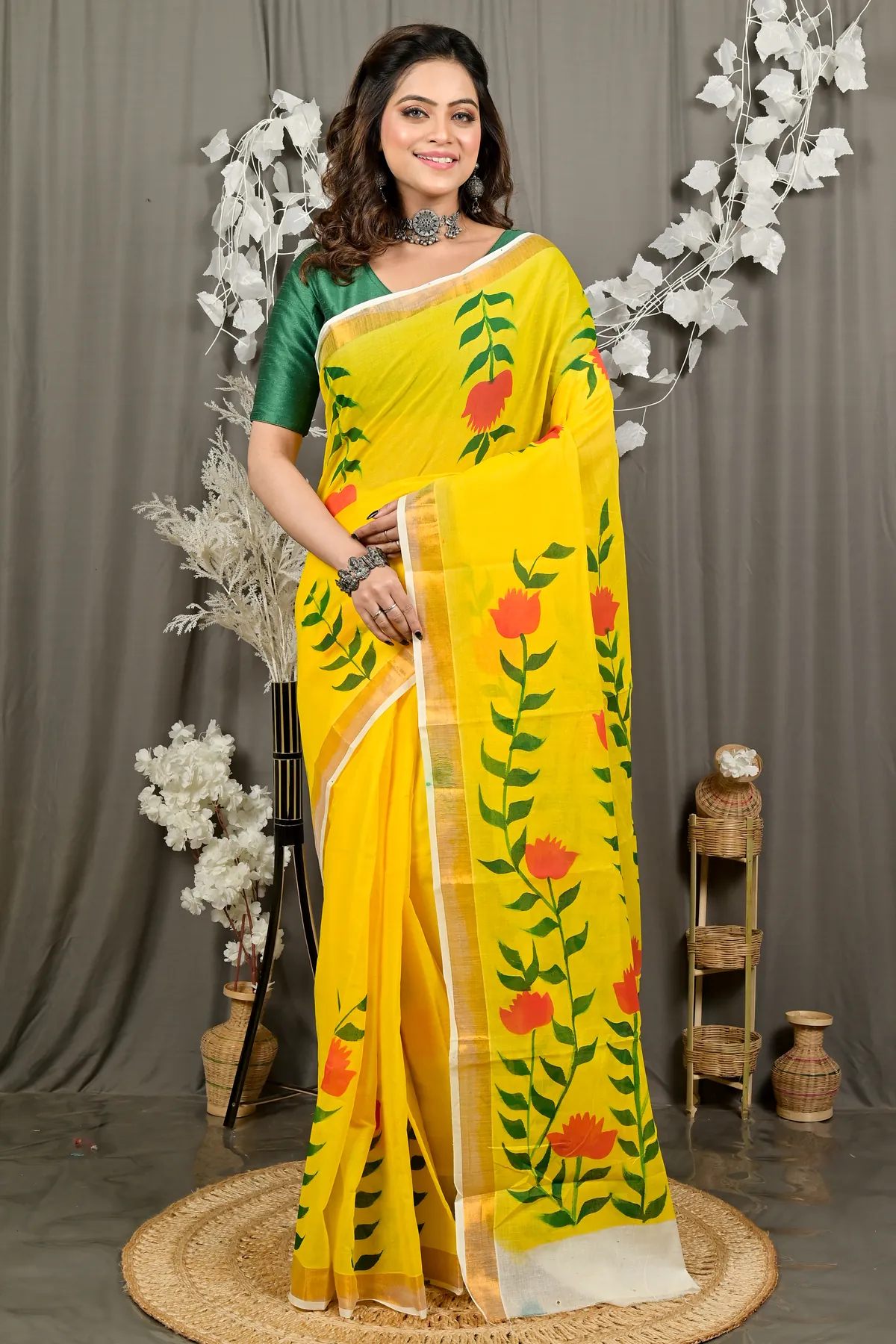 DipDiya Pure Cotton Yellow Hataka Woven with Love Hand Painted Sarees