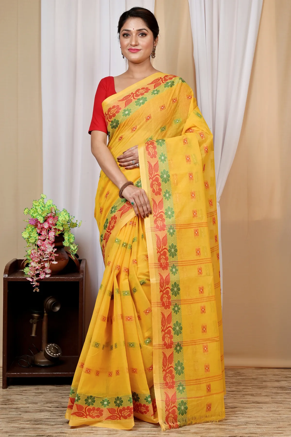 DipDiya Pure Cotton Yellow Helok Handcrafted Elegance Tant Sarees