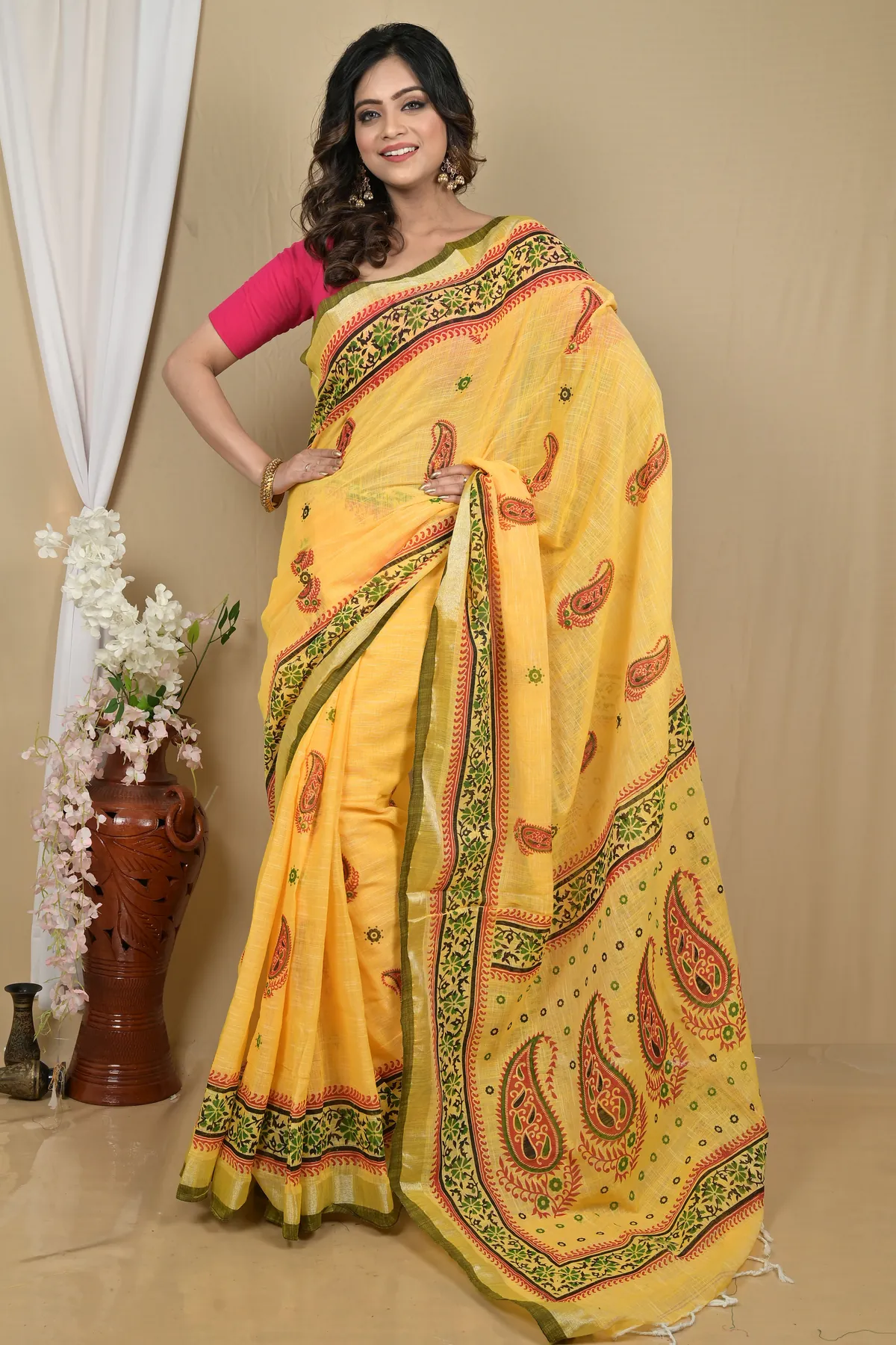 DipDiya Pure Cotton Yellow Hilda Threads of Tradition Printed Handloom Sarees