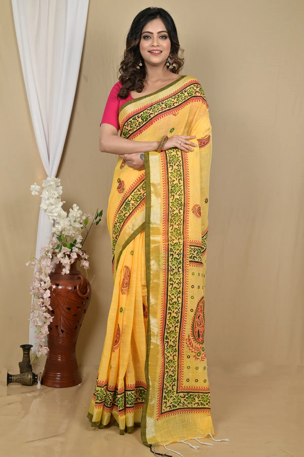 DipDiya Pure Cotton Yellow Hilda Threads of Tradition Printed Handloom Sarees