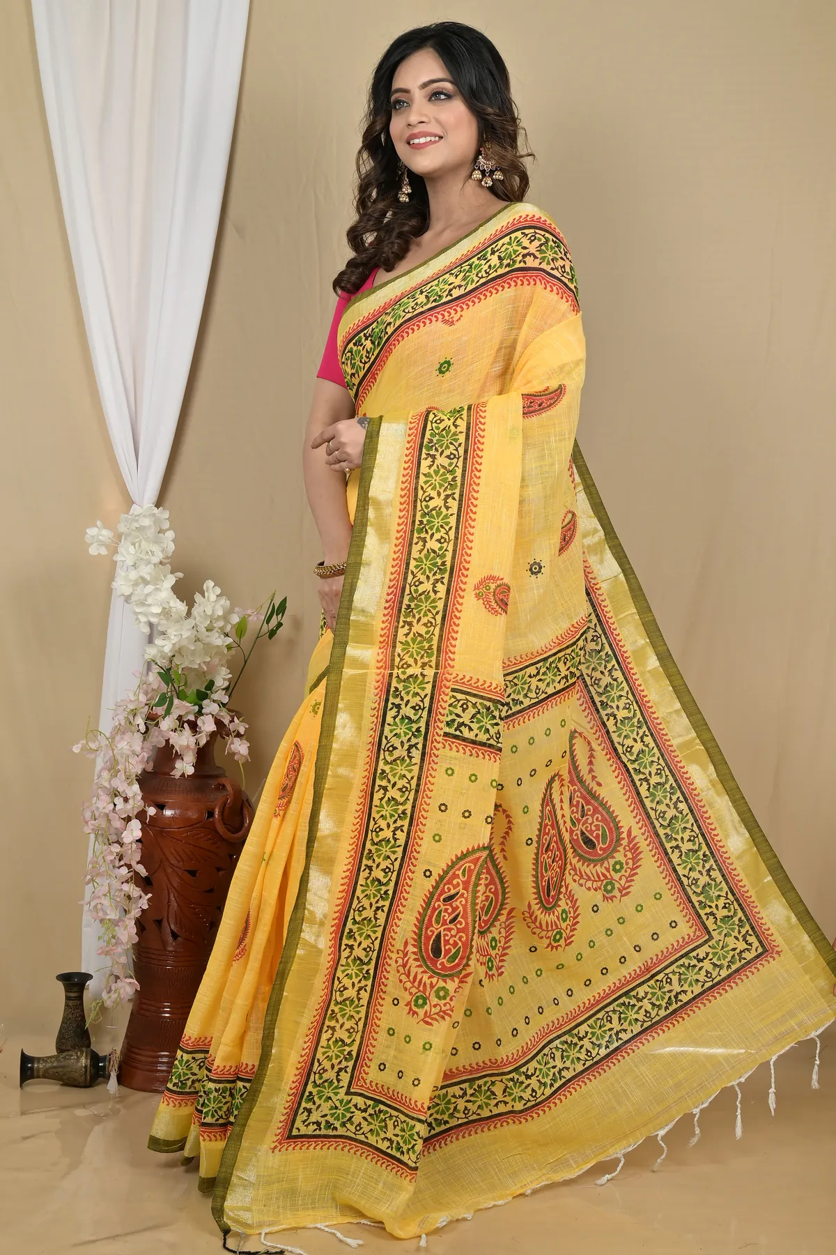 DipDiya Pure Cotton Yellow Hilda Threads of Tradition Printed Handloom Sarees