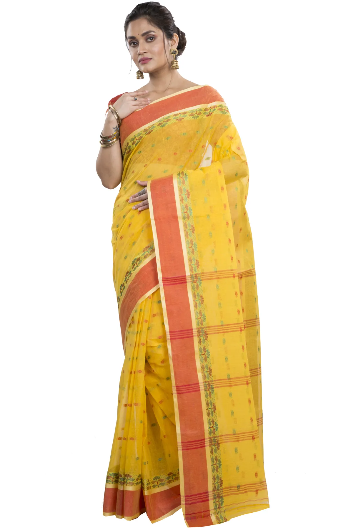 DipDiya Pure Cotton Yellow JoraPata Traditional Elegance Tant Sarees