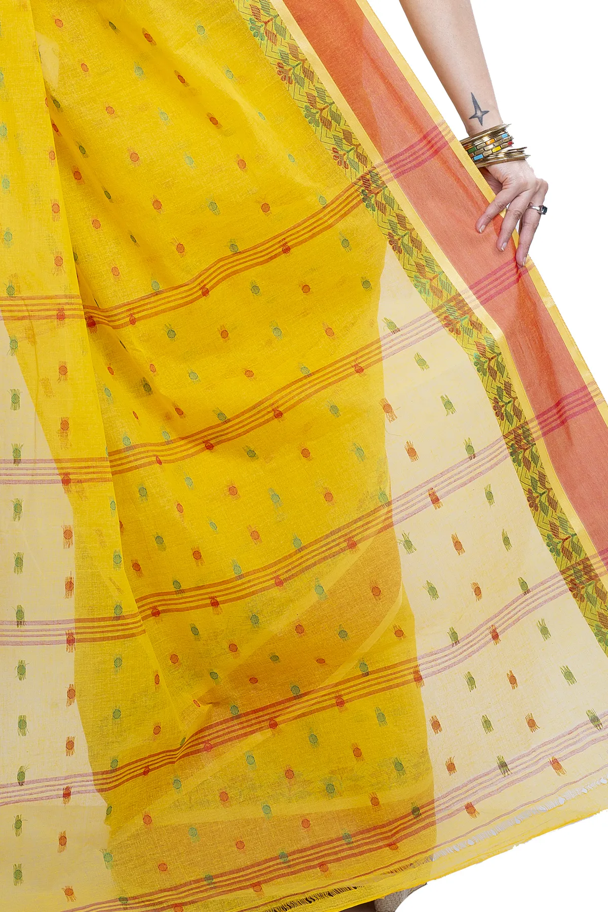 DipDiya Pure Cotton Yellow JoraPata Traditional Elegance Tant Sarees