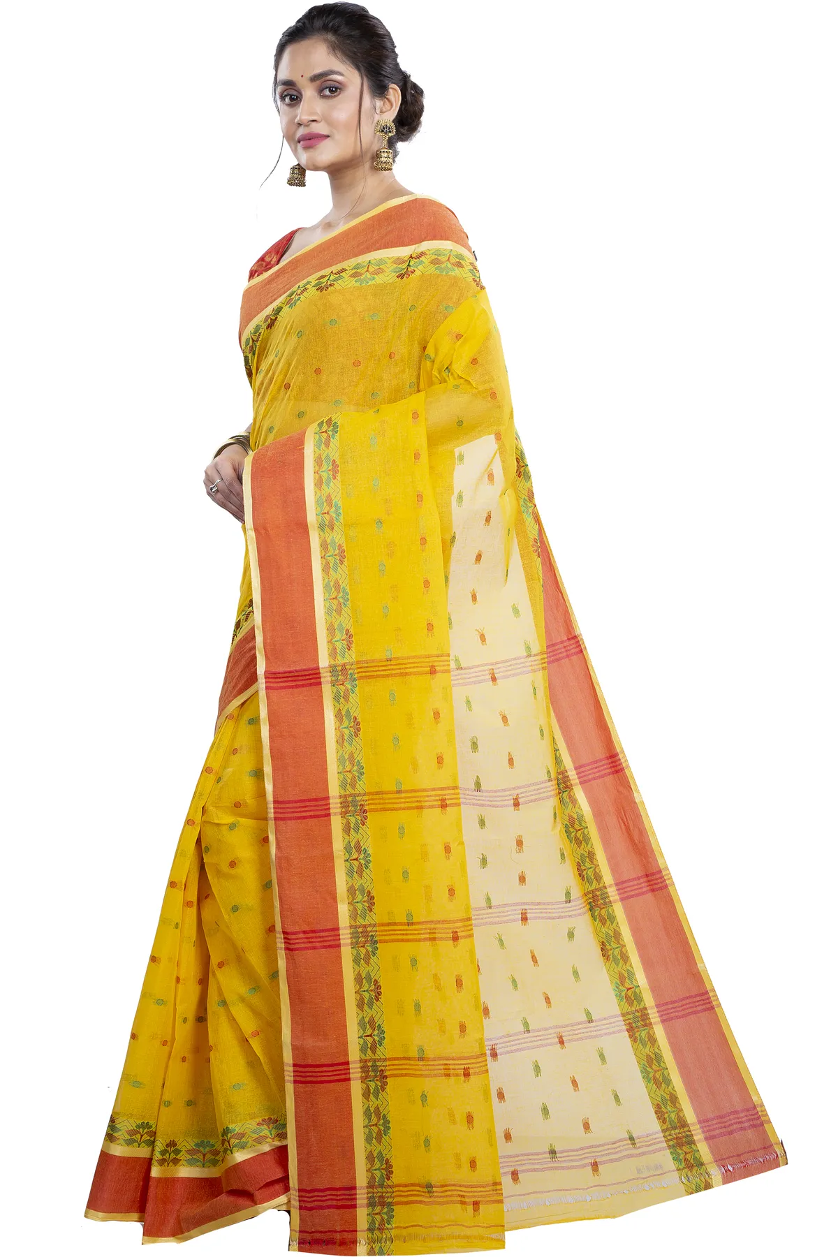 DipDiya Pure Cotton Yellow JoraPata Traditional Elegance Tant Sarees