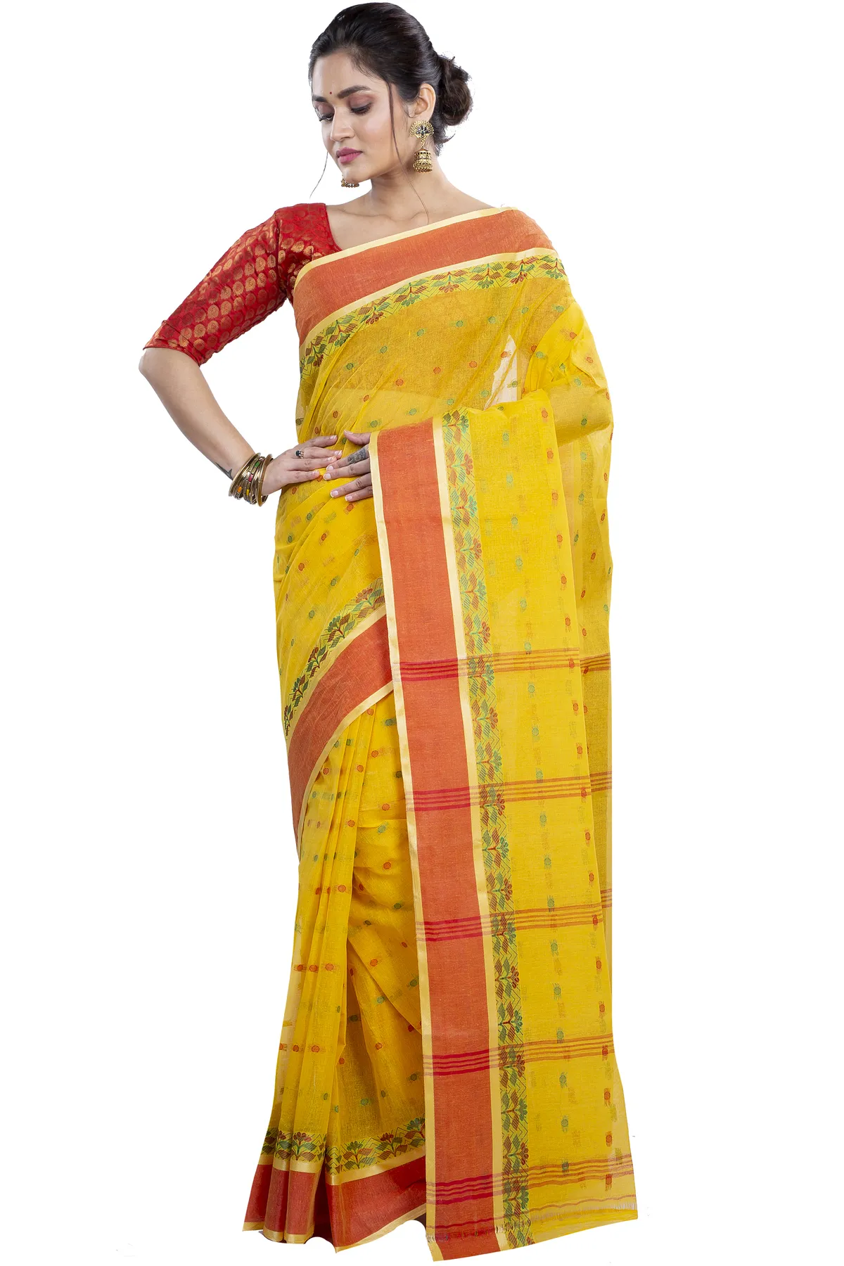 DipDiya Pure Cotton Yellow JoraPata Traditional Elegance Tant Sarees