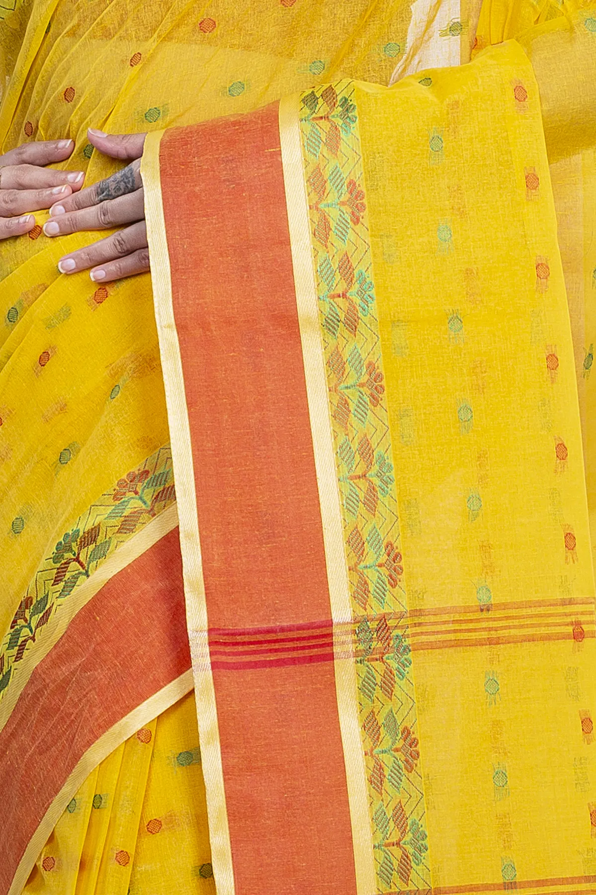 DipDiya Pure Cotton Yellow JoraPata Traditional Elegance Tant Sarees