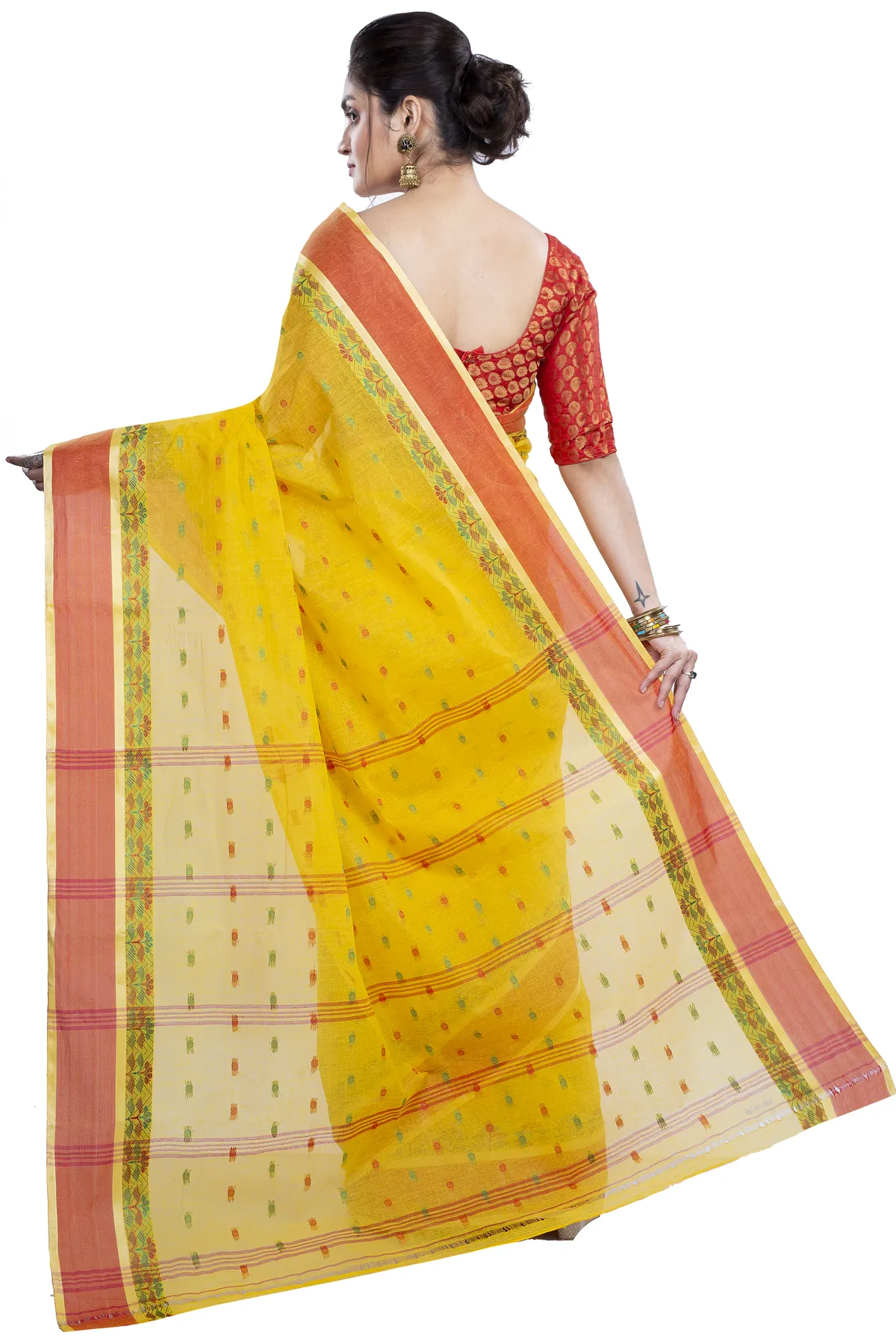 DipDiya Pure Cotton Yellow JoraPata Traditional Elegance Tant Sarees