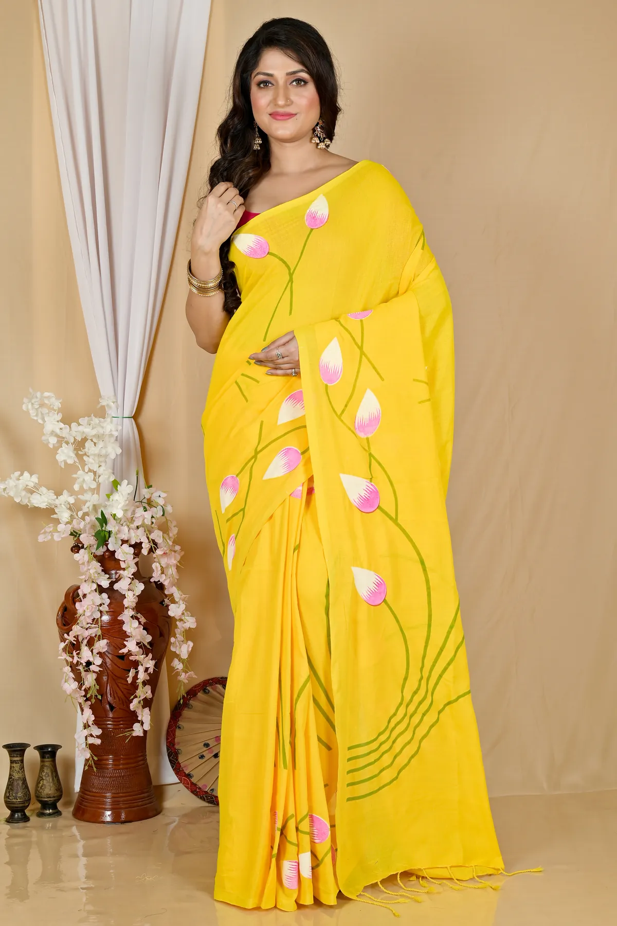 DipDiya Pure Cotton Yellow Kamal Loom to Love Hand Painted Sarees