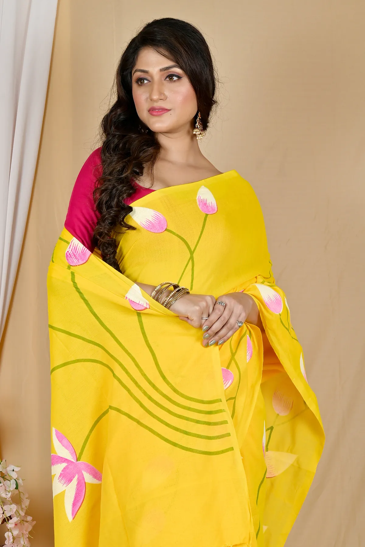 DipDiya Pure Cotton Yellow Kamal Loom to Love Hand Painted Sarees