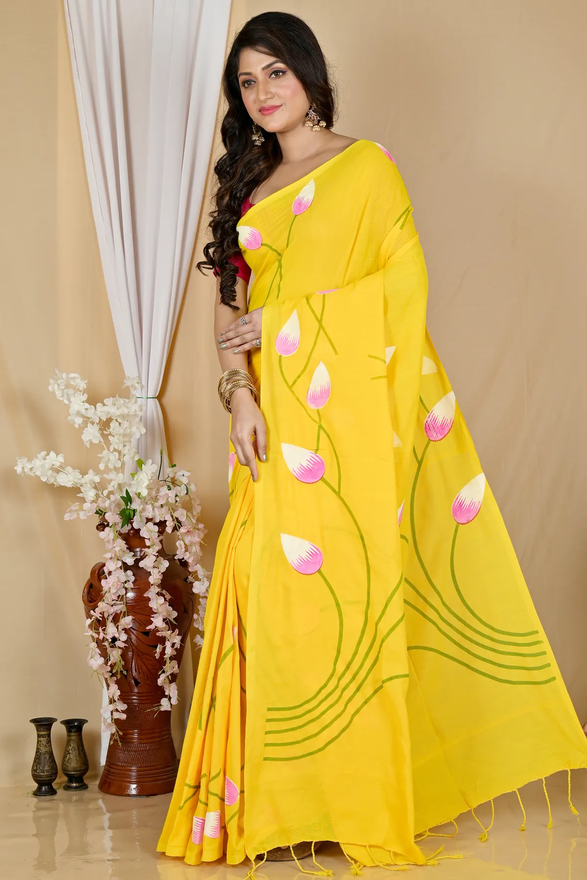 DipDiya Pure Cotton Yellow Kamal Loom to Love Hand Painted Sarees