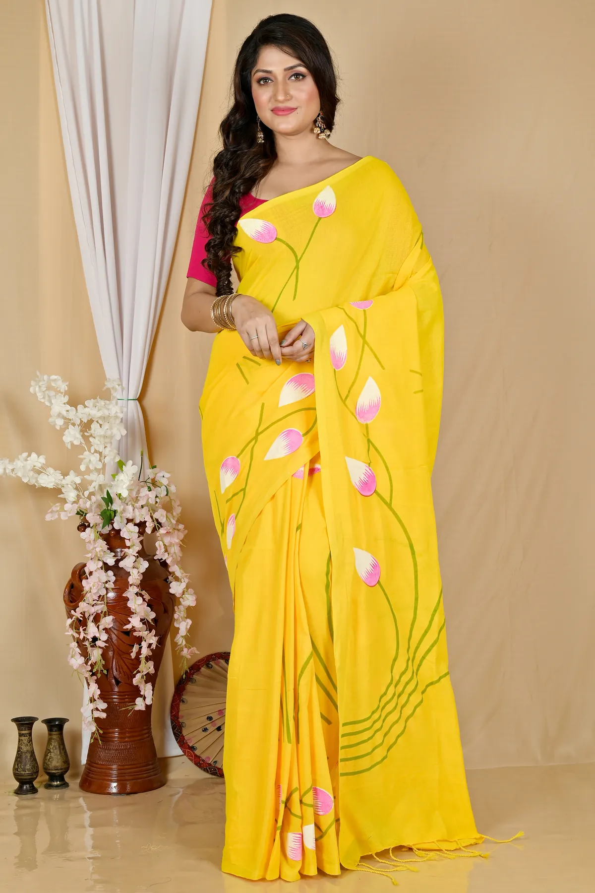 DipDiya Pure Cotton Yellow Kamal Loom to Love Hand Painted Sarees