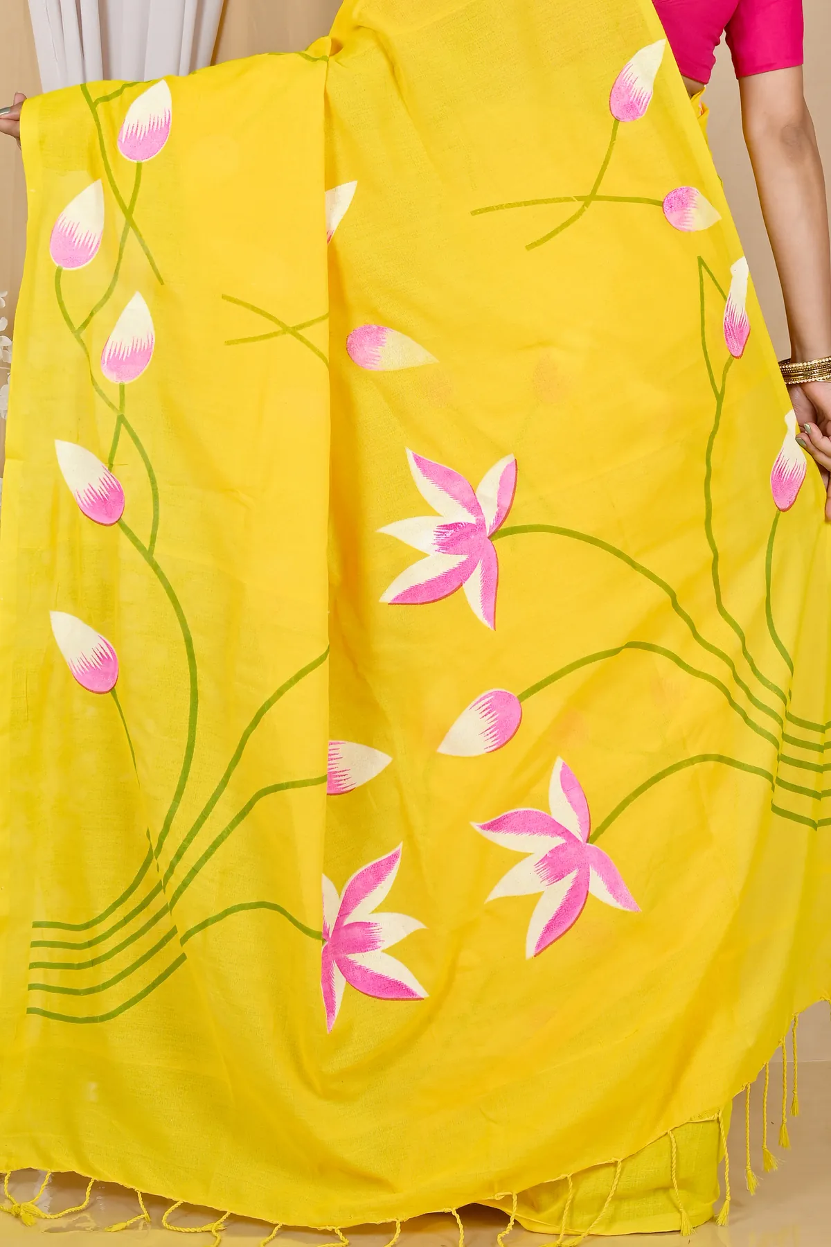 DipDiya Pure Cotton Yellow Kamal Loom to Love Hand Painted Sarees