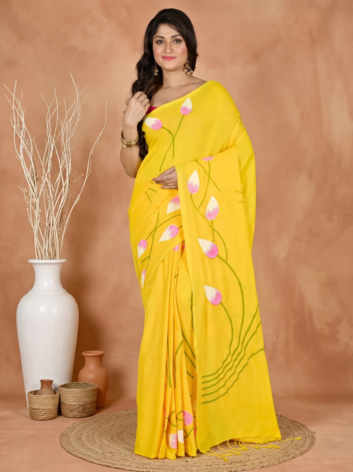 DipDiya Pure Cotton Yellow Kamal Loom to Love Hand Painted Sarees