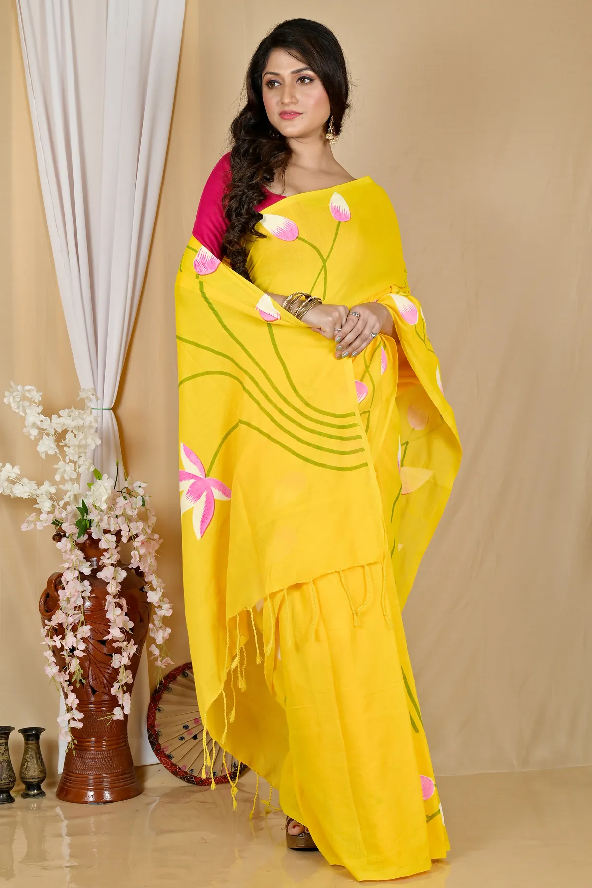 DipDiya Pure Cotton Yellow Kamal Loom to Love Hand Painted Sarees